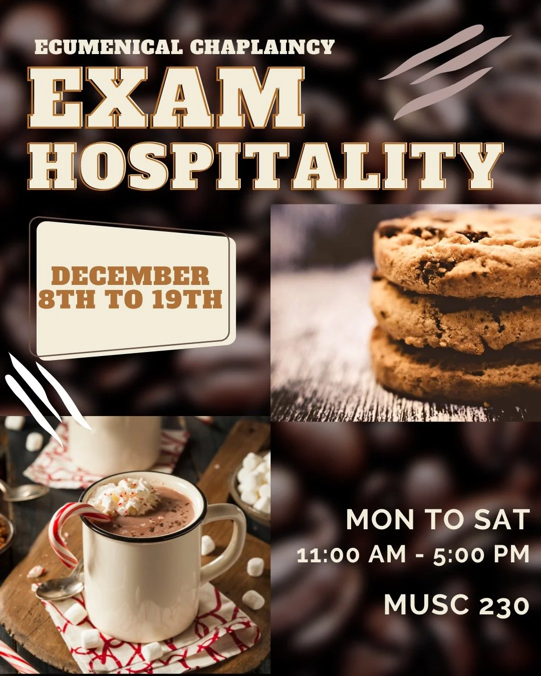 Exams got you stressed? Join us in MUSC for FREE coffee, hot chocolate, and cookies to fuel your study sessions! ☕️🍪 Take a break and recharge with us! #examseason #studyfuel #mcmasteruniversity #chaplaincy