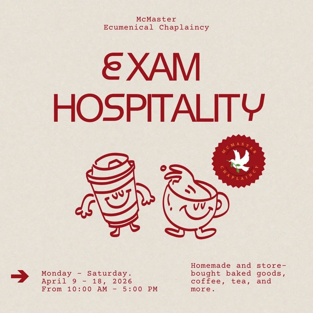 Hey Mac, don&rsquo;t forget to stop by MUSC 230 before 5:00pm on Saturday! Thank you so much to all of our donors, volunteers, and community partners for making Exam Hospitality possible. #mcmaster #mcmasteruniversity #mcmasterchaplaincy #chaplaincy 