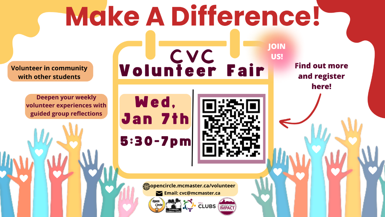 Colorful flyer for a community volunteer fair with diverse raised hands and a QR code, scheduled for Wednesday, January 7th, from 5:30 to 7 pm, encouraging registration and volunteer participation.