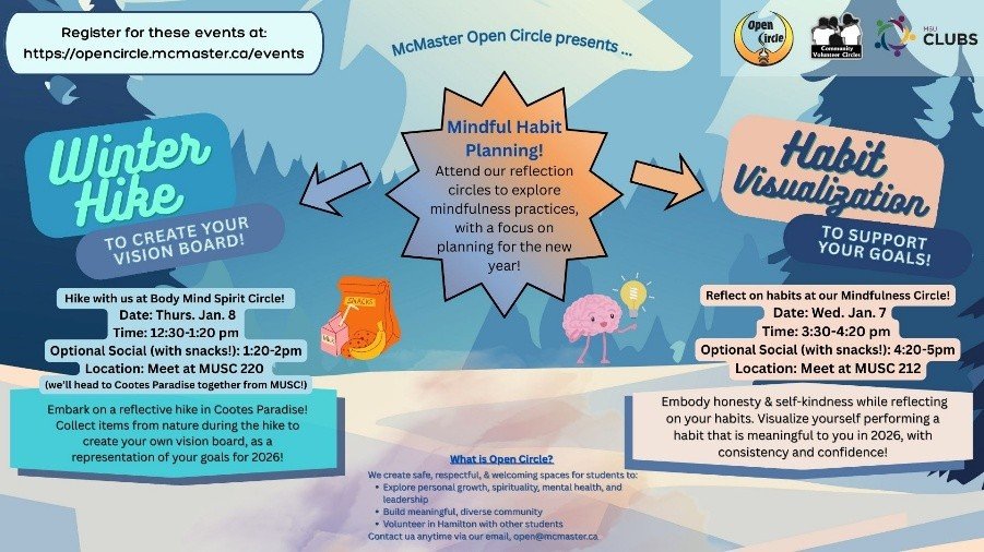 Flyer for Winter Hike event with details about mindfulness habit planning and visualization activities, including dates, times, locations, and registration links.