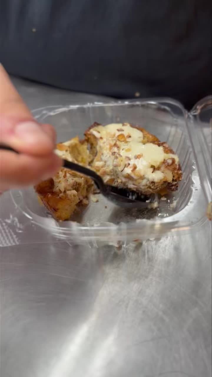 Introducing our newest item: Bread Pudding! This specific one was made from our artisanal candied orange and raisin panettone- spongy and moist and coated with a house made amaretto sauce. Yum!