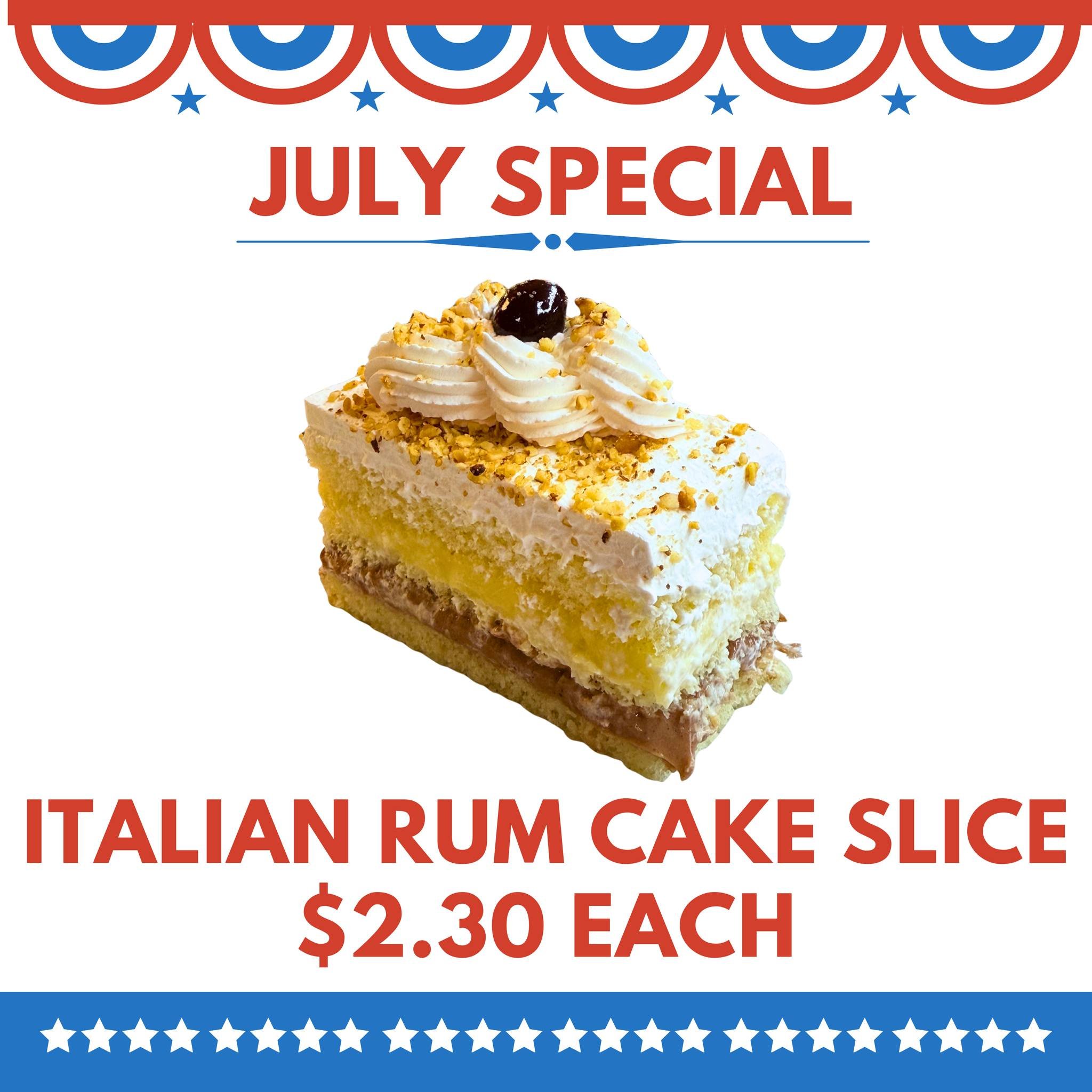🎉 July just got sweeter! 🍰 All month long at Palermo Bakery, we're serving up slices of our classic Italian Rum Cake—light, fluffy sponge soaked in rum syrup, layered with rich vanilla and chocolate pastry cream, and finished with whipped fro
