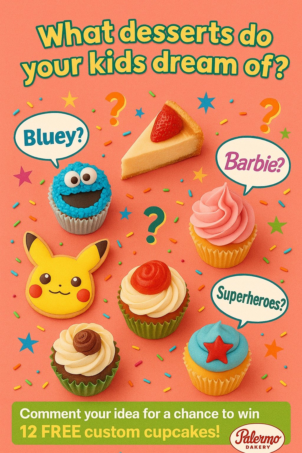 🧁✨ Calling all parents! We’re dreaming up our next big dessert creations—and we want YOUR input! ✨🧁
What character-themed desserts would your kids go crazy for?
💬 Comment below with your idea—Barbie? Spider-Man? Bluey? You name