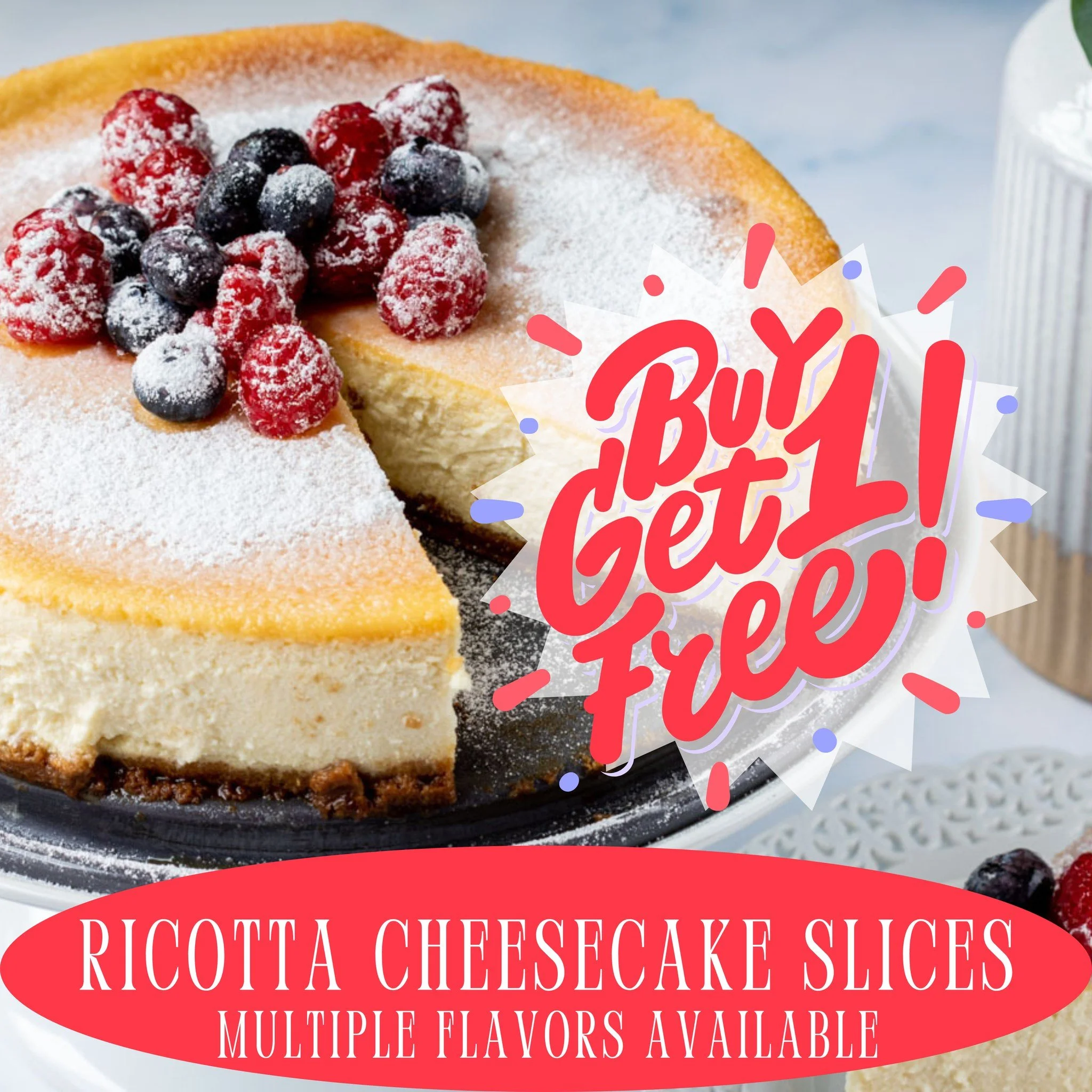 ✨ This Friday & Saturday only! ✨
Buy one ricotta cheesecake slice, get one FREE! 🧀🍰
We’ll have multiple delicious flavors available—perfect for sharing (or not 😉).
📍*In-store only — no pre-orders*
📅 August 1 & 2
📍 Pal