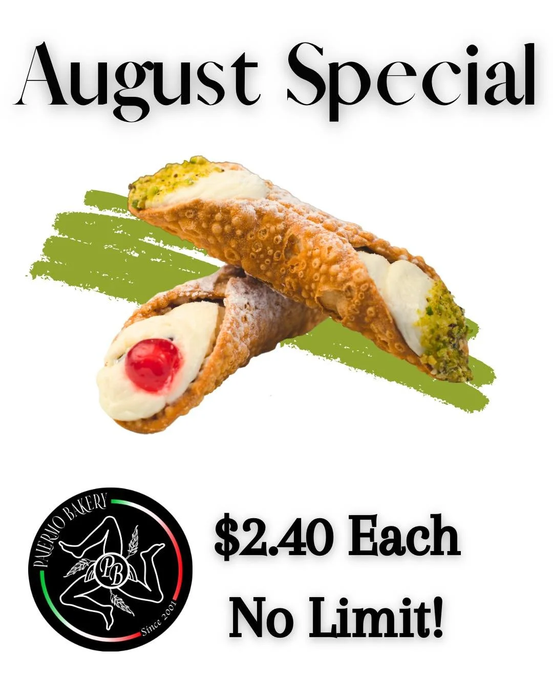 AUGUST CANNOLI SALE + SWEET SURPRISE! ✨
Cannoli lovers, rejoice! 🎉 All month long, enjoy our delicious cannoli on SALE at Palermo Bakery!
And to make things even sweeter… we’re giving away 6 FREE CANNOLI to one lucky winner! 🧡
To en