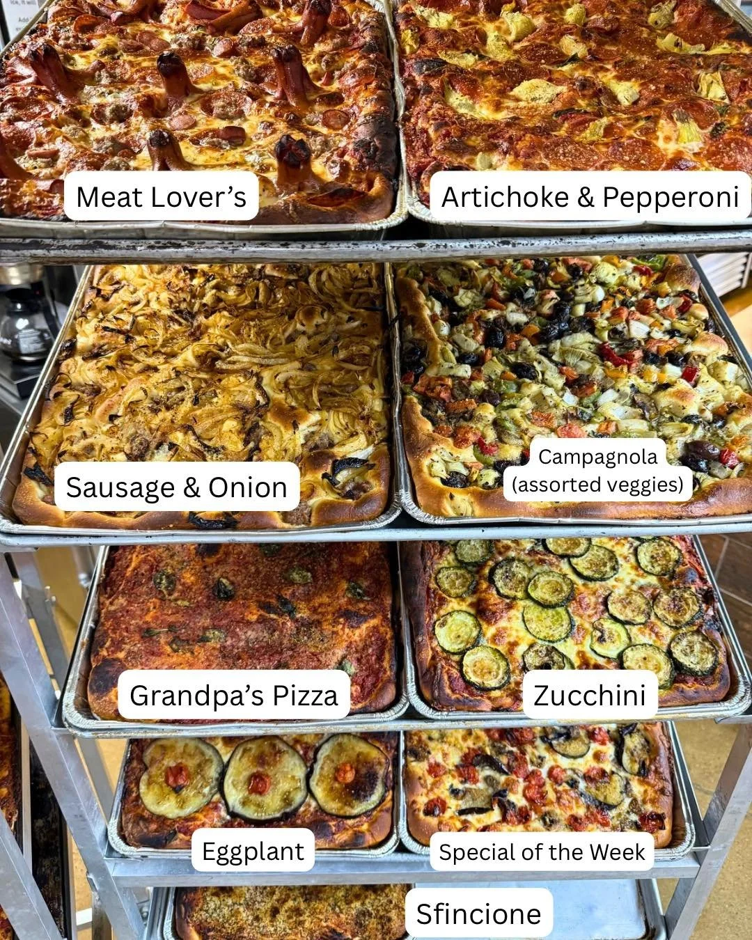 1. Saturday Pizzas!
2. Italian Cornetti (croissants) & semolina mafalda bread!
3. Printed sugar cookies!
4. Cinnamon Bread, with or without pecan or raisin!
5. A peek into our pastry case!
6. Coffee cakes, pound cakes, fruit crostata, cream ca