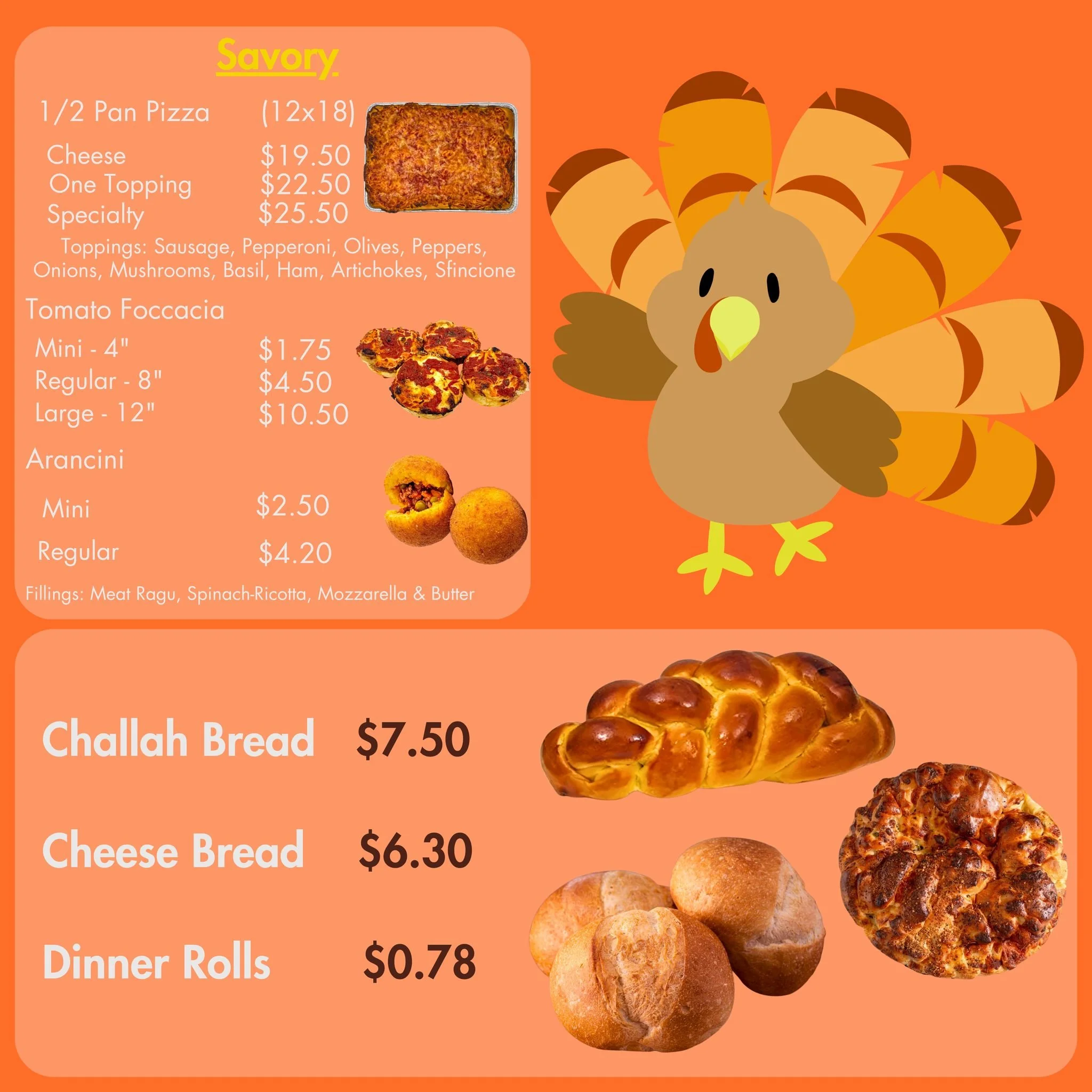 It&rsquo;s not just about the sweets &mdash; our savory lineup is ready for your holiday table! 🥖🧀
Enjoy Italian Pan Pizza Bread, Focaccias, Arancini, Challah Bread, Cheese Bread, and Dinner Rolls baked fresh for Thanksgiving week. 🍞💛
Perfect for