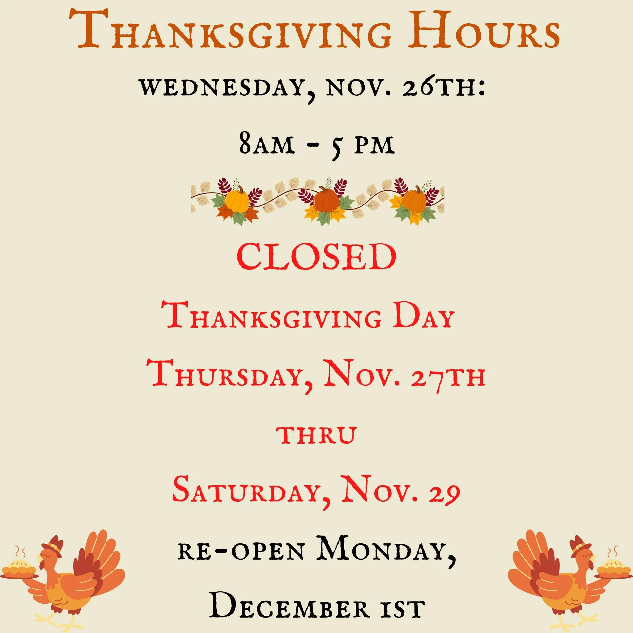 THANKSGIVING HOURS! 🦃

The Thanksgiving orders are coming in fast now, make sure you place your order ASAP! 

Check out our socials and website for the full Thanksgiving menu! 

Call 📞 708-695-5998 to place your order!