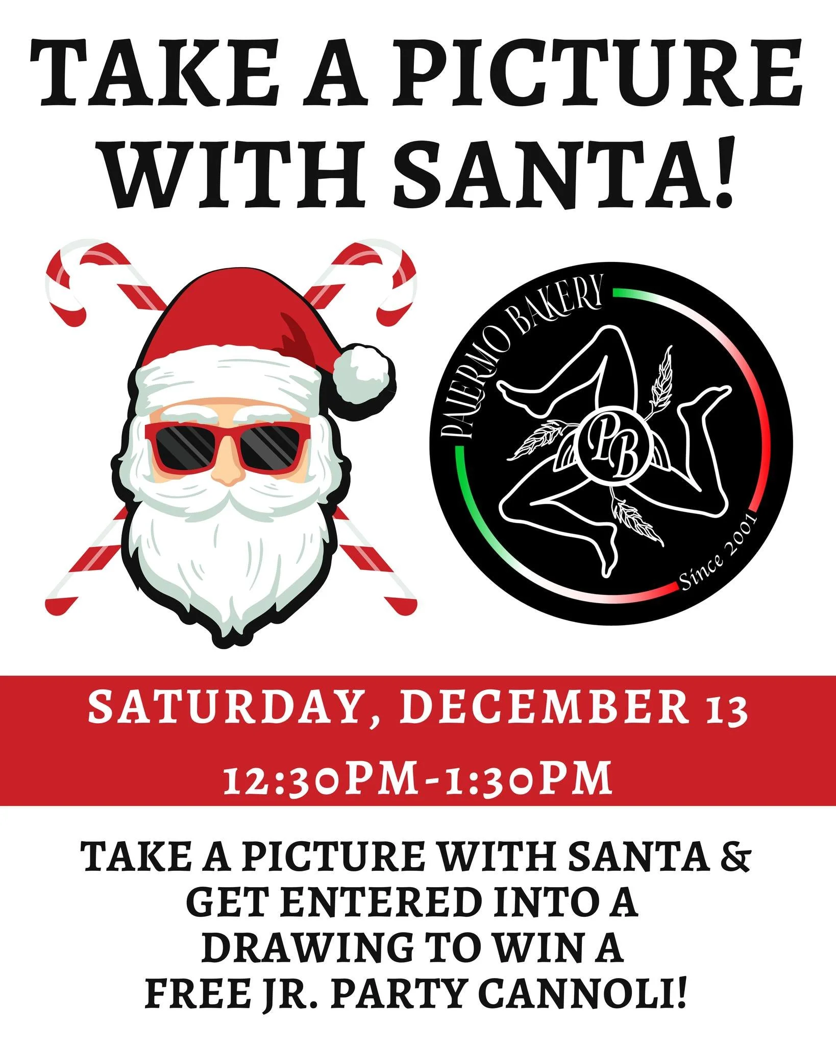 🎅✨ Santa is coming to Palermo Bakery! ✨🎅
Bring the family and stop by Saturday, December 13 from 12:30PM&ndash;1:30PM for a cozy photo-op with Santa right here in the bakery! Capture a sweet memory, grab your favorite treats, and enjoy a little hol