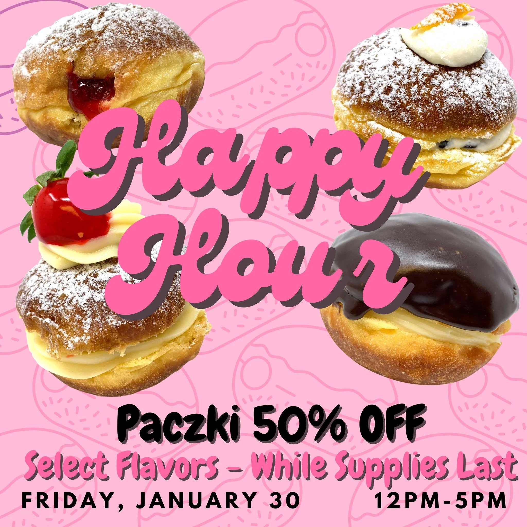 ✨ HAPPY HOUR PĄCZKI IS TOMORROW! ✨
⏰ 12PM&ndash;5PM
Enjoy in-store specials or order delivery and get 50% OFF on Uber Eats &amp; DoorDash 🚗💨
Limited flavors &bull; first come, first served &bull; while supplies last

📍 Palermo Bakery
7312 W Irving