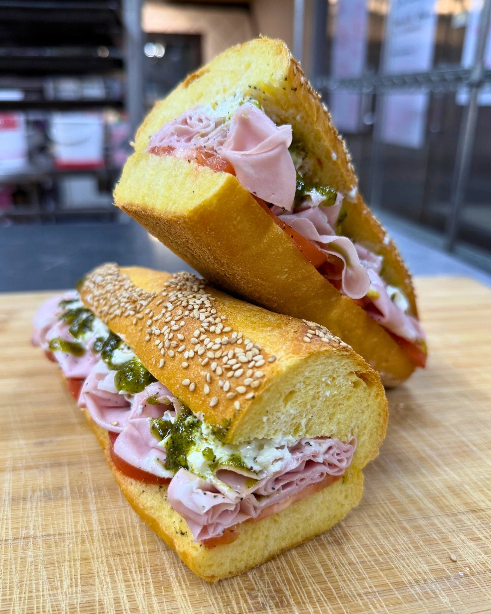 🥖✨ Sandwich Saturday is calling&hellip; ✨🥖

Meet the Miss Mortadella Sandwich 💚
Layered on a fresh semolina baguette with creamy burrata, homemade pesto, mortadella, fresh tomatoes, a drizzle of olive oil, and finished with salt &amp; pepper &mdas