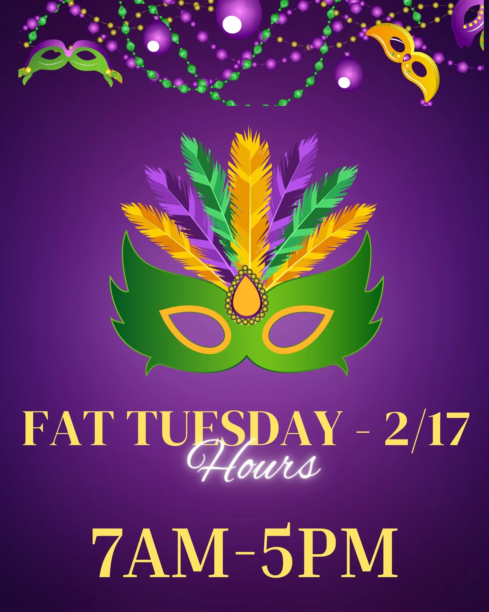 🎭💜💛💚 FAT TUESDAY IS HERE! 💚💛💜🎭

Celebrate Mardi Gras / Fat Tuesday on 2/17 with all the traditional indulgences before Lent begins 👑✨

🕖 Open early &amp; all day:
7AM &ndash; 5PM

🎉 Fat Tuesday Favorites:
🥮 Pączki
👑 King Cakes
🎀 Chiacch