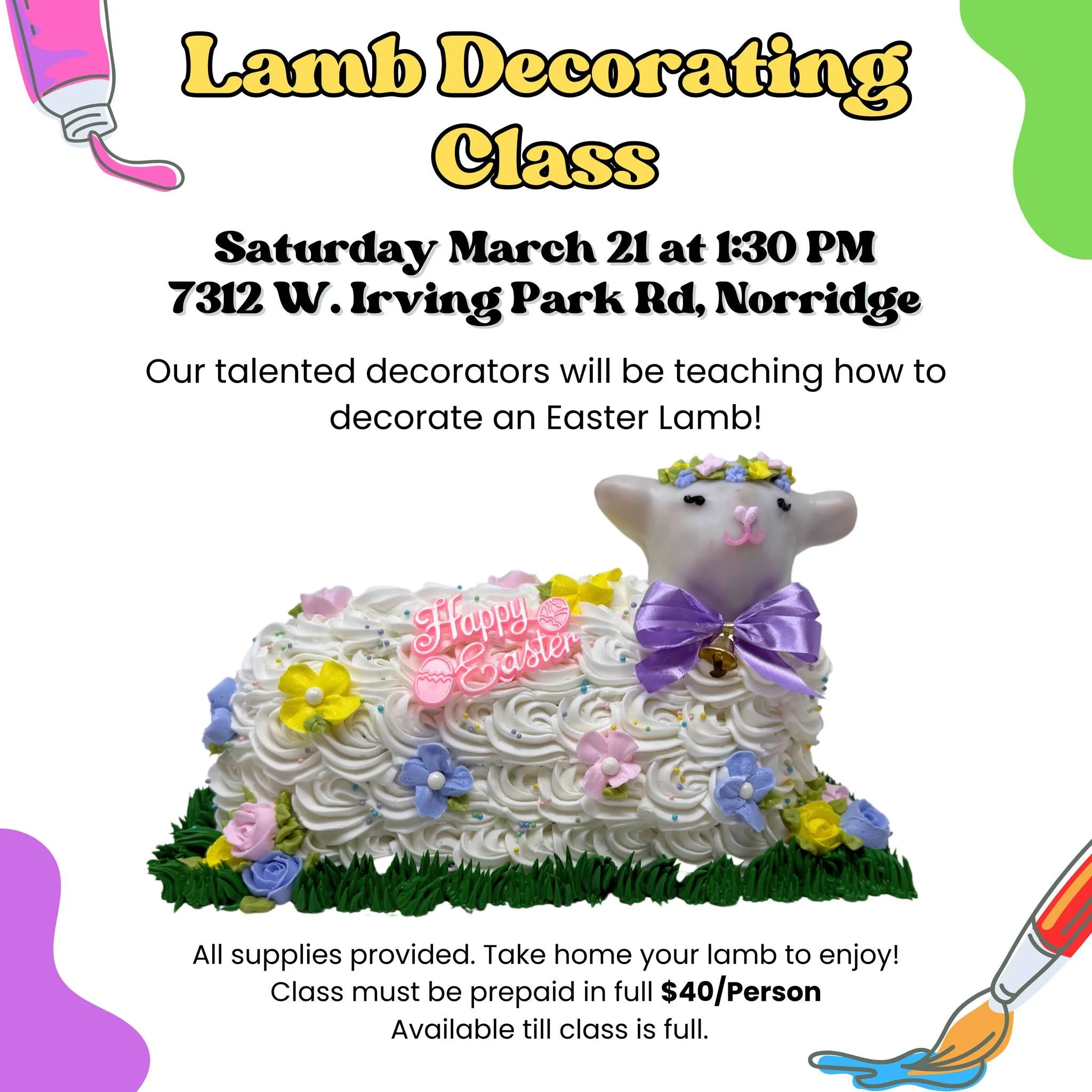 🐑🎂 Learn to Decorate Your Own Easter Lamb Cake! 🎂🐑

Join us for a fun Lamb Decorating Class at Palermo Bakery! Our talented decorators will guide you step-by-step as you decorate your very own Easter lamb cake to take home and enjoy. Perfect for 