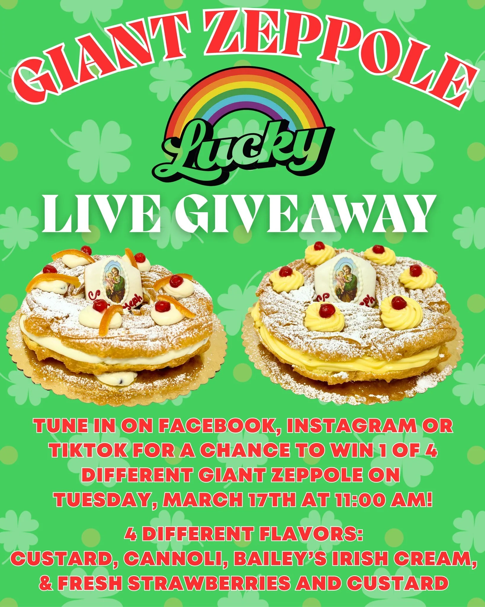 🚨 Going LIVE on St. Patrick&rsquo;s Day! 🚨

Join us on Tuesday, March 17 at 12:00 PM on Facebook, Instagram, and TikTok for a special Palermo Bakery live! We&rsquo;ll be giving away 4 FREE giant zeppole during the live 😍🍀🇮🇹

Featured flavors:
✨