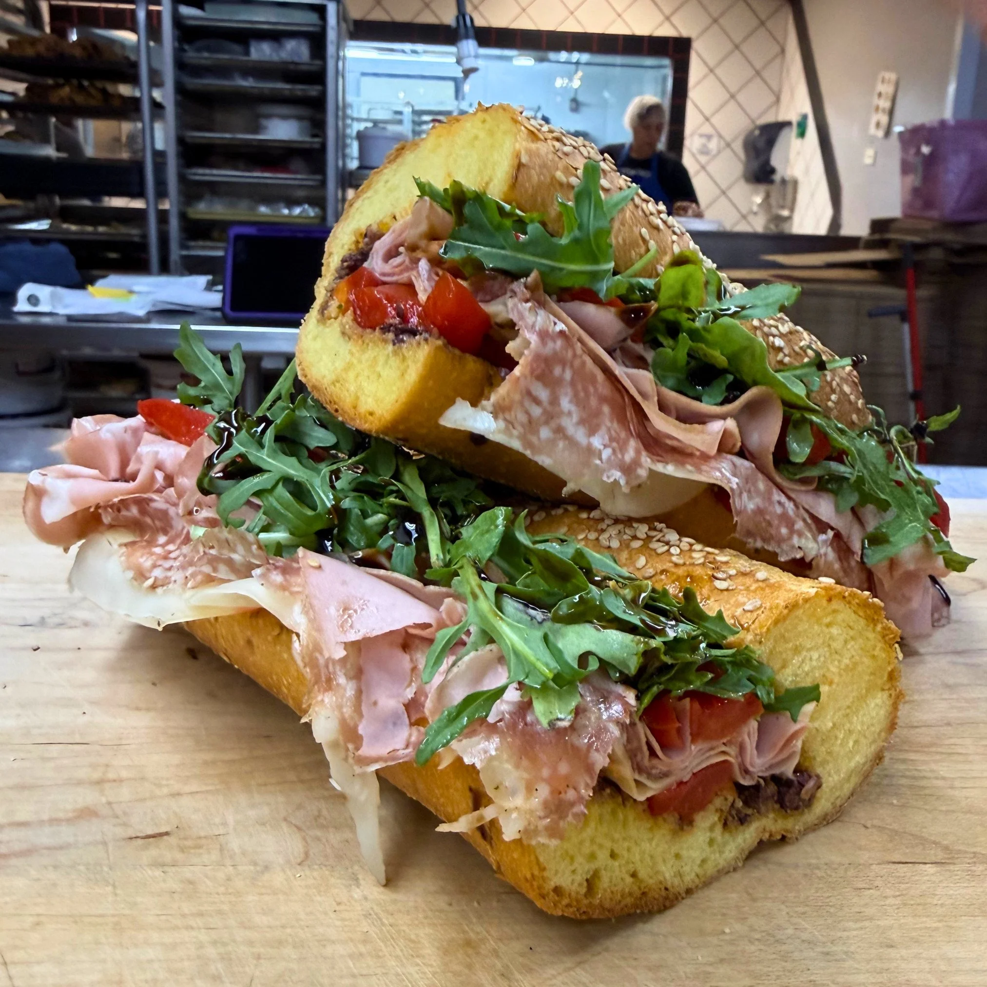 🚨🥖 SANDWICH SATURDAY 🥖🚨

This week&rsquo;s special is The Tip Top Tapenade Sandwich 😍
Made on a semolina baguette with roasted red peppers, house-made tapenade, provolone, mortadella, salami, arugula, and a balsamic drizzle. Available Saturday, 