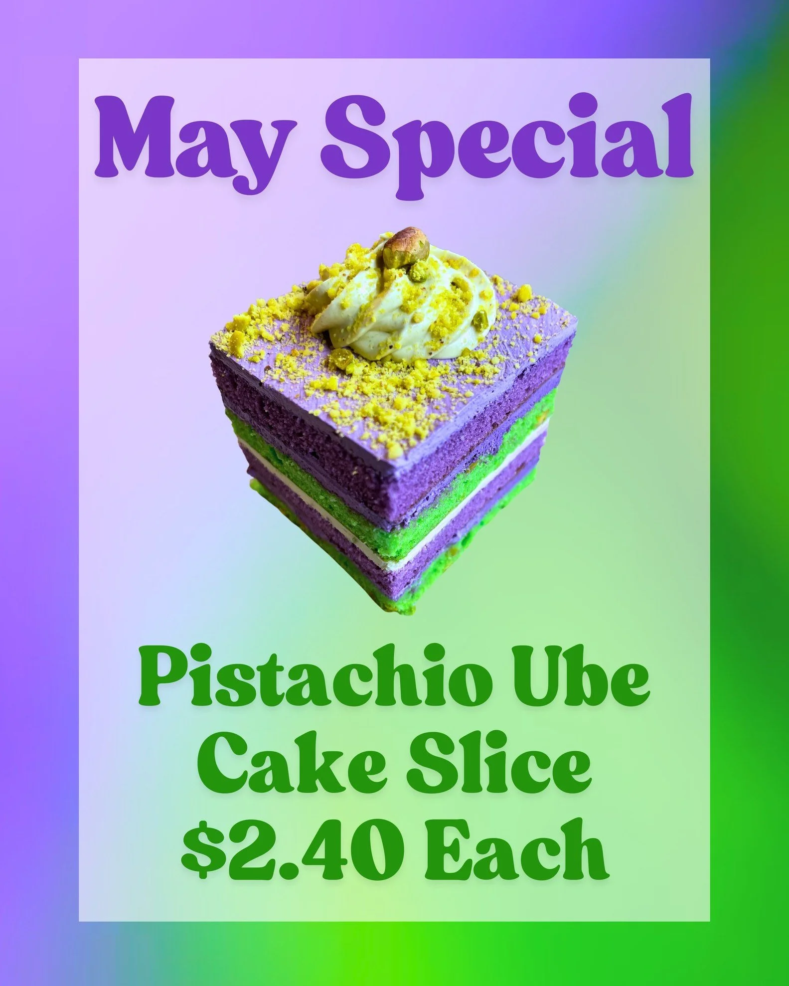 💜💚 MAY SPECIAL + CHANCE TO WIN! 💚💜

Ube is a purple yam known for its naturally vibrant color and sweet, mellow flavor with hints of vanilla and nuttiness. Paired with pistachio, it makes this slice creamy, colorful, and just the right amount of 