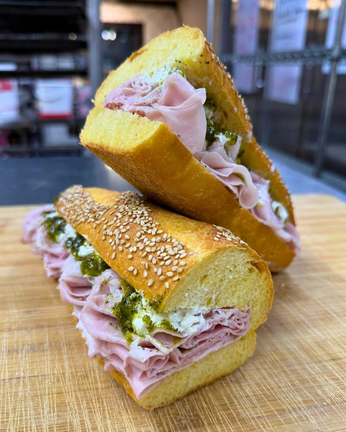 🚨 SANDWICH SATURDAY 🚨
Meet Madame Mortadella &mdash; she&rsquo;s rich, fancy, and ready for her spotlight.

Made on a semolina baguette with basil pesto, crumbled pistachios, mortadella, whipped honey ricotta, olive oil, salt &amp; pepper.

Availab