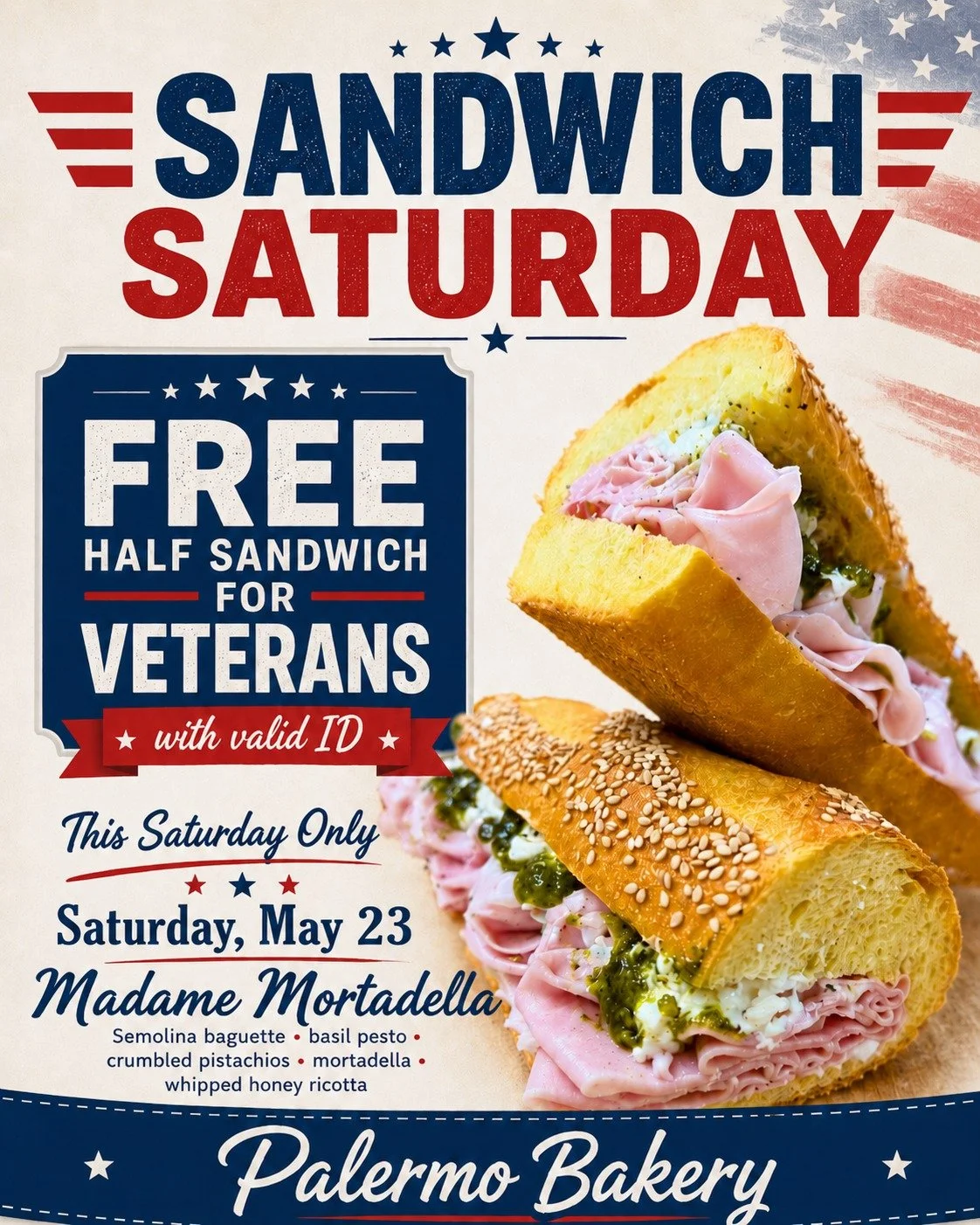 A small thank you for those who served!

This Saturday, May 23, veterans can stop in and receive one FREE half Madame Mortadella sandwich with a valid veteran ID.

Our Madame Mortadella is made with mortadella, whipped honey ricotta, basil pesto, cru