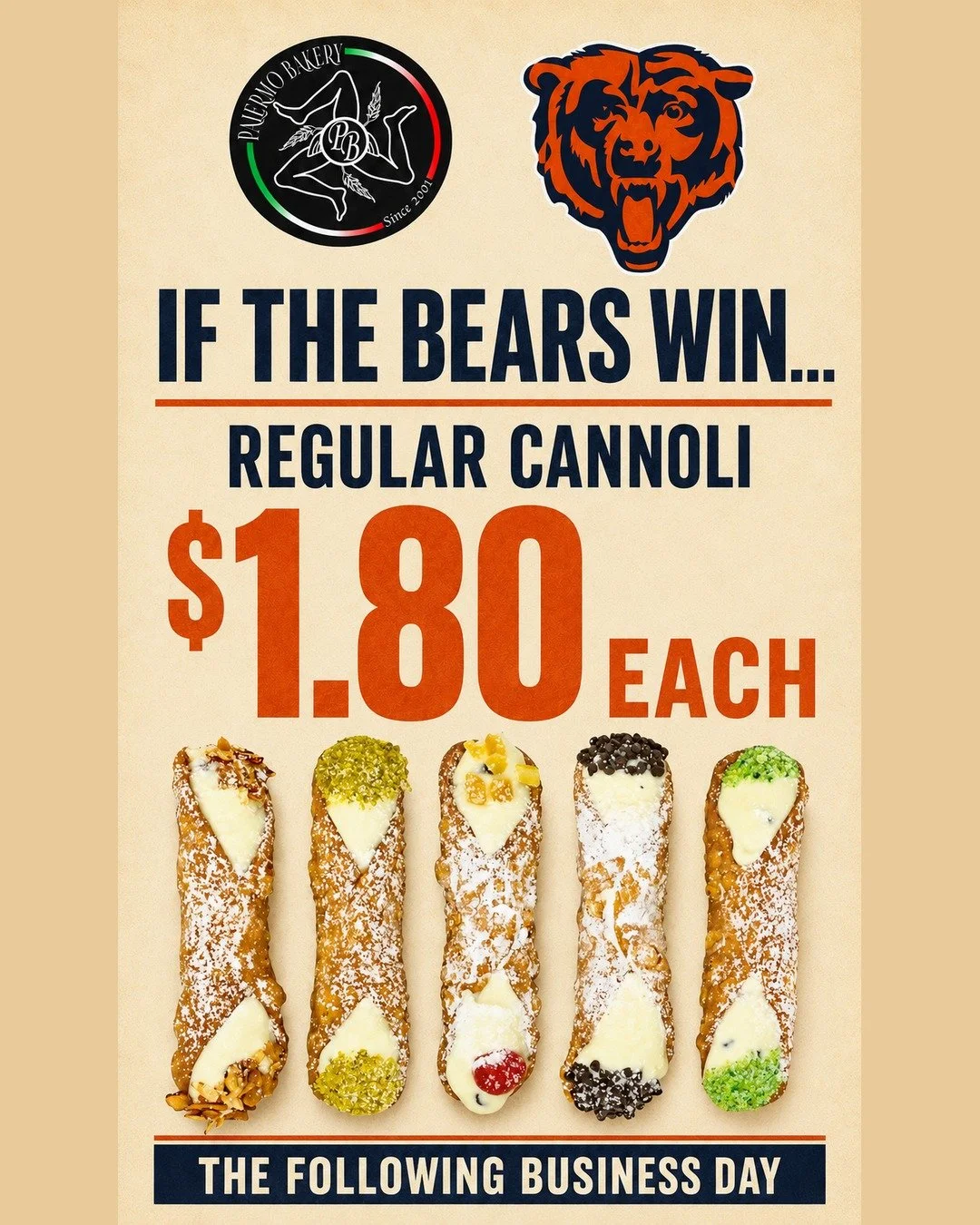 🐻 A Bears win means a sweet win for you!

Whenever the Bears win, regular-size cannoli are just $1.80 each at Palermo Bakery on the following business day.🏈

📍 7312 W. Irving Park Rd., Norridge
⏰ Monday&ndash;Saturday, 8 AM&ndash;5 PM

#PalermoBak