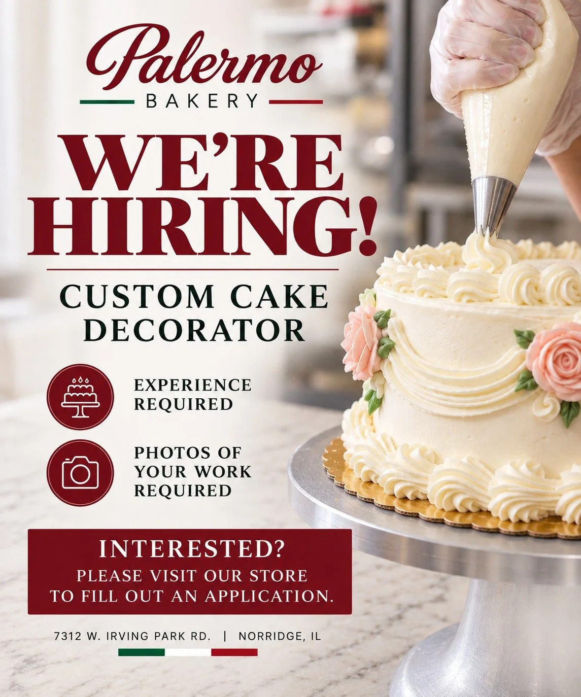 🎂 WE&rsquo;RE HIRING! 🎂

Palermo Bakery is looking for an experienced Custom Cake Decorator to join our team!

We&rsquo;re looking for someone with experience creating beautiful custom cakes for birthdays, weddings, showers, celebrations &amp; more