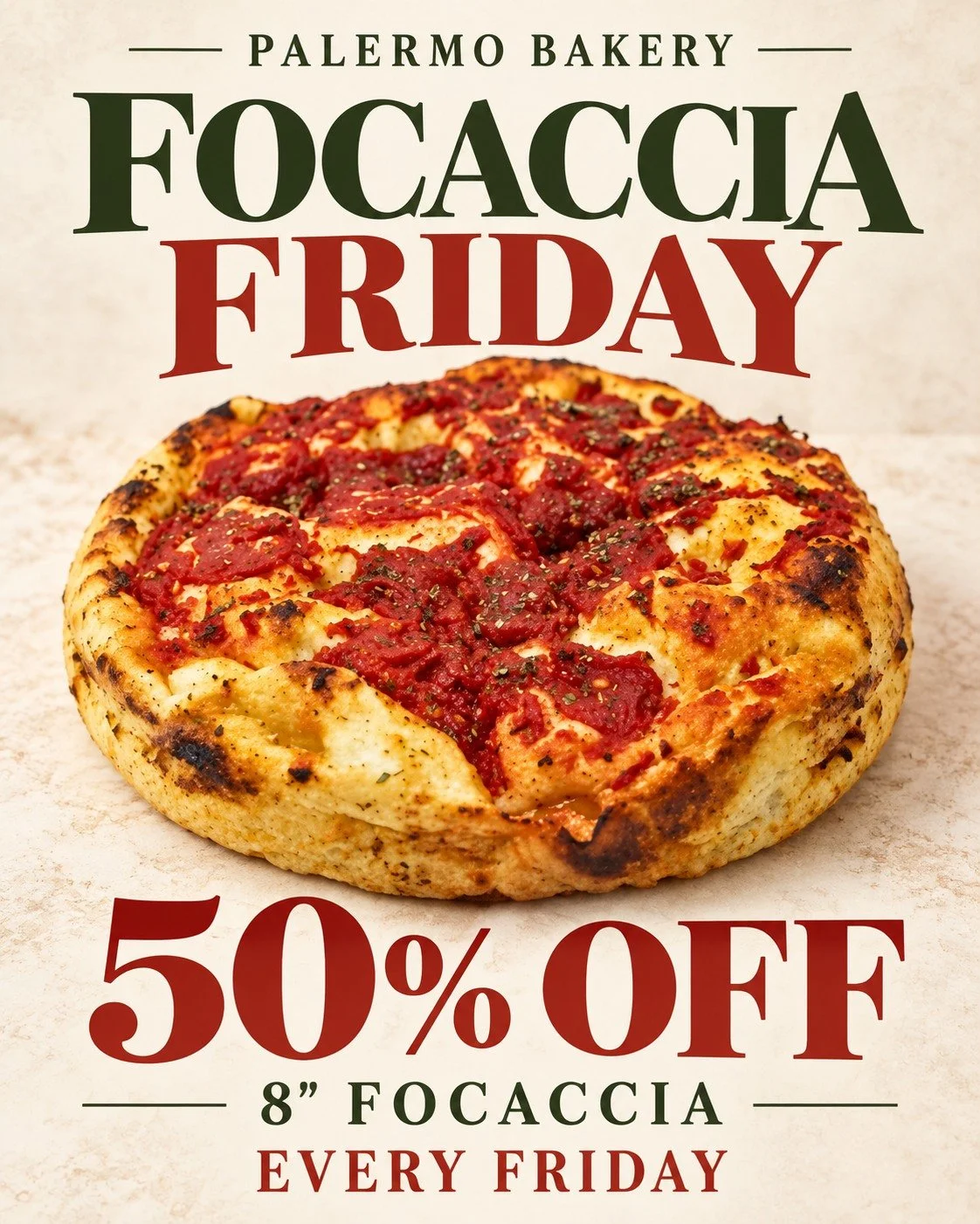 🇮🇹 Focaccia Friday is here! 

Every Friday in October, our 8-inch focaccia is 50% off!

Golden, fluffy, and topped with fresh tomato&mdash;grab one for lunch or bring it home for dinner. 🍅

📍 Palermo Bakery | 7312 W Irving Park Rd, Norridge 

#Fo