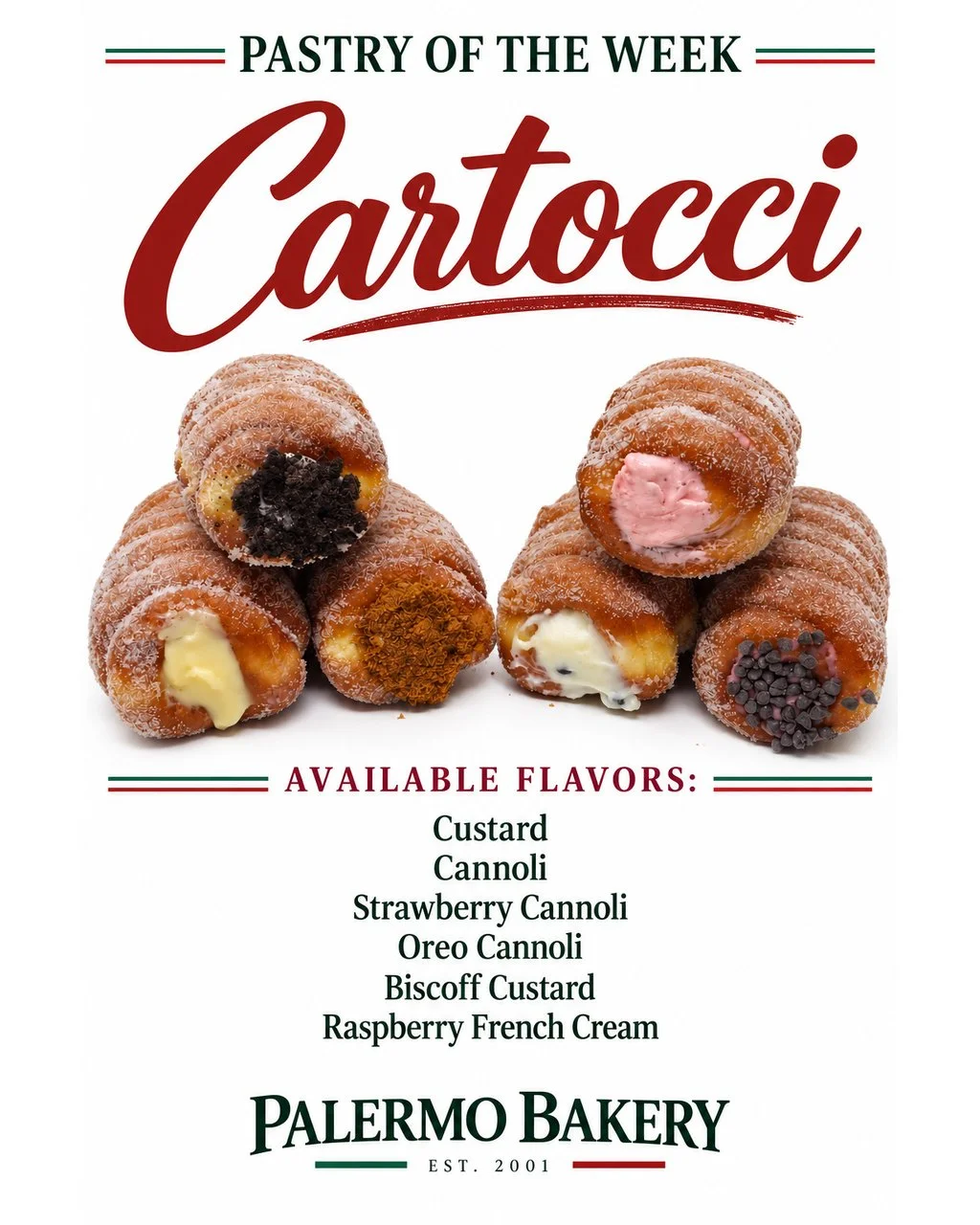🥐 NEW: PASTRY OF THE WEEK! 🇮🇹

Starting Monday, we&rsquo;re kicking off our new Pastry of the Week, and first up is CARTOCCI! 😍

Golden, sugar-coated pastry filled with your choice of something creamy and delicious. This week&rsquo;s flavors are: