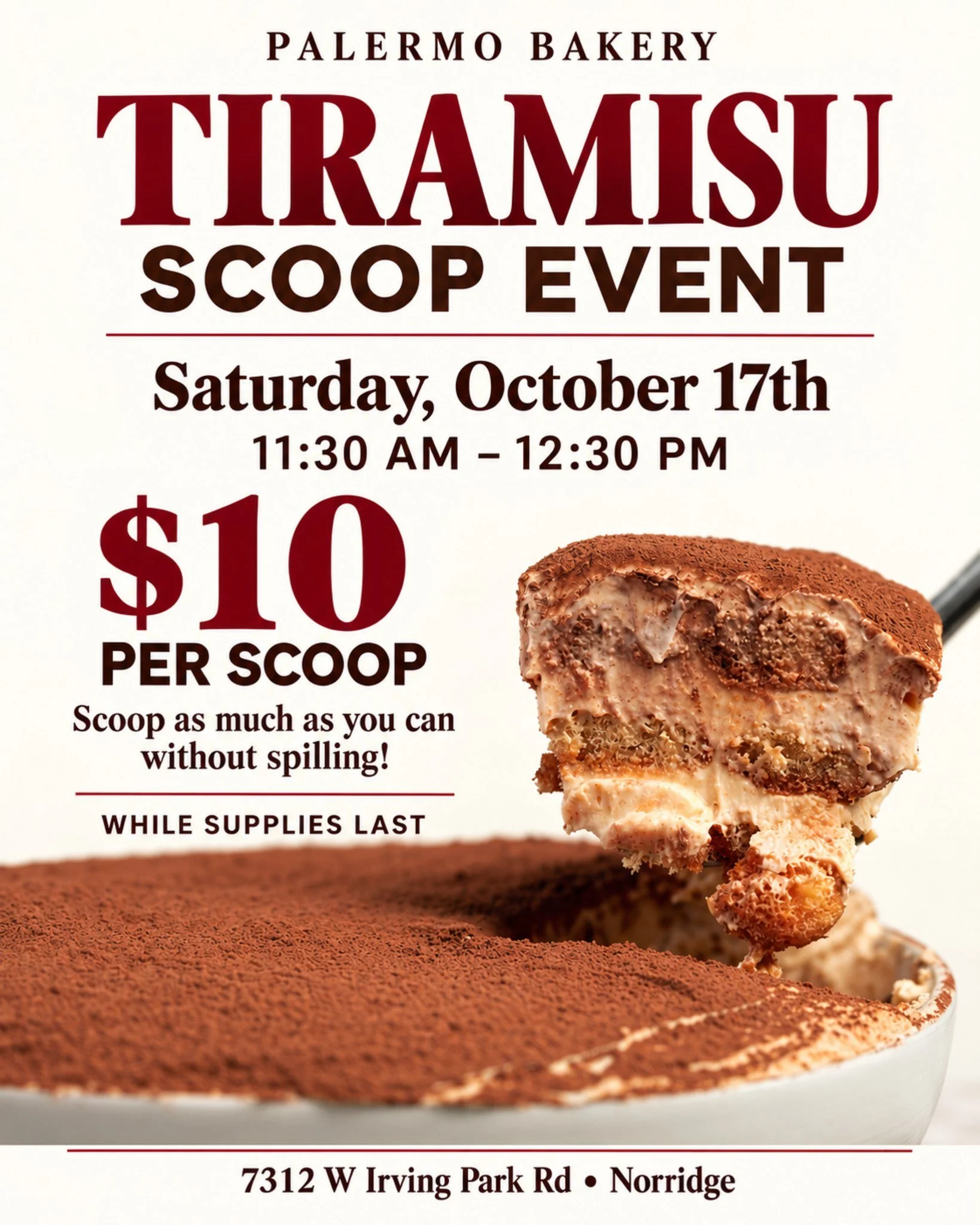 Big scoop energy. Small spill tolerance. 🥄🤎

Our Tiramisu Scoop Event is happening Saturday, October 17th! For $10 per scoop, scoop as much as you can without spilling. How steady is your hand? 👀

⏰ 11:30 AM&ndash;12:30 PM
📍 Palermo Bakery &bull;