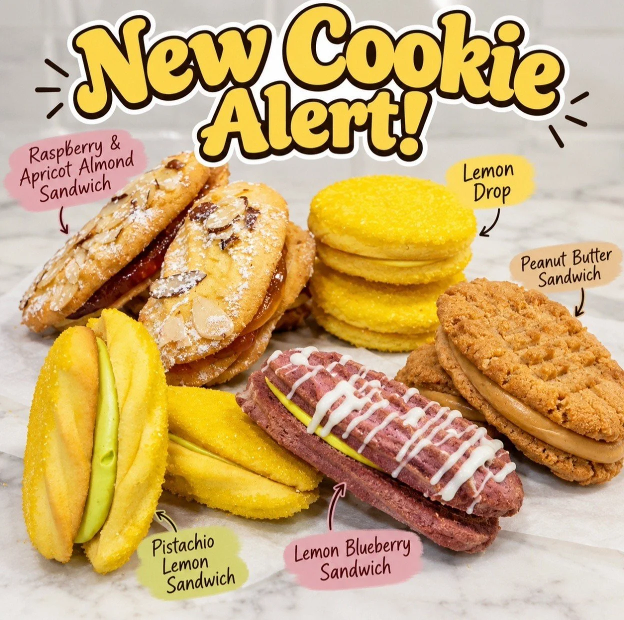 🍪🚨 NEW COOKIE ALERT! 🚨🍪

We've been busy baking up something NEW at Palermo Bakery, and we can't wait for you to try them! 😍

Introducing FIVE delicious new cookies:

❤️🧡Raspberry &amp; Apricot Almond Sandwich

🍋 Lemon Drop 

💚 Pistachio Lemo