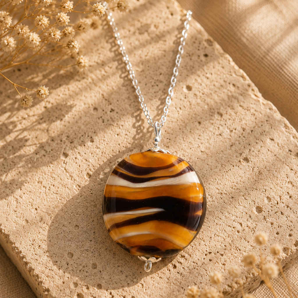 colgante artesanal hecho a mano vidrio de color naranja crema y plata de ley