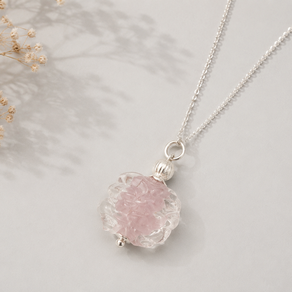 colgante artesanal hecho a mano vidrio de color rosa y plata