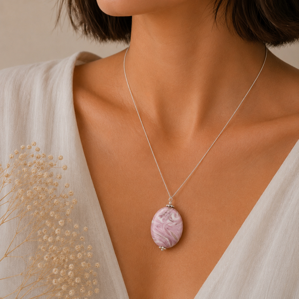 colgante artesanal hecho a mano joyería de vidrio de color rosa y plata de ley