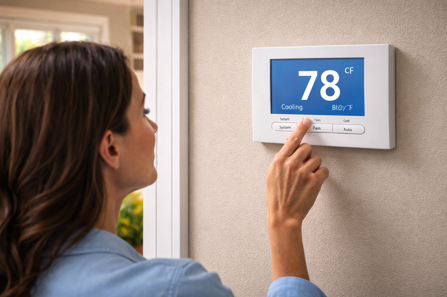 woman adjusting thermostat in house