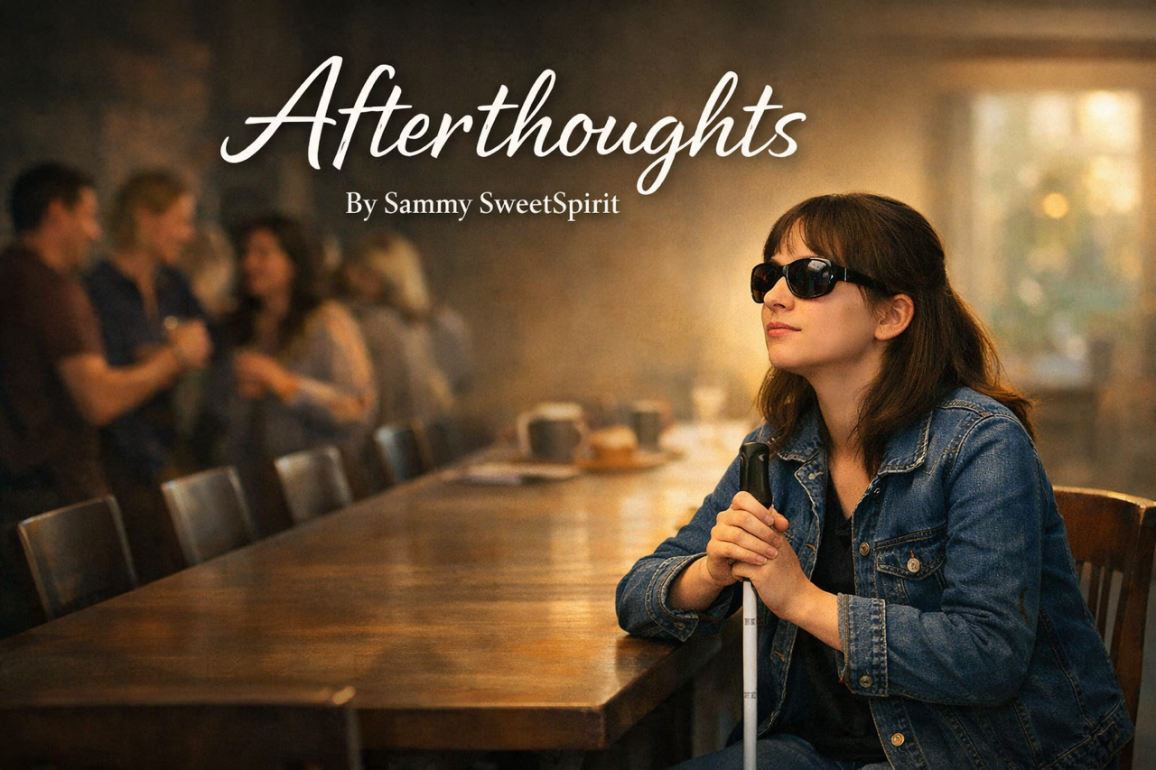 A woman wearing sunglasses sits at a long table holding a cane, while blurred people talk in the background.