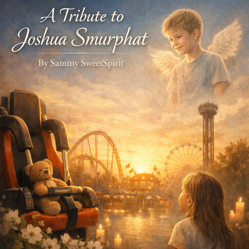 A child looks toward an empty ride seat holding a teddy bear at a glowing amusement park. Above, a smiling boy with angel wings watches over the scene