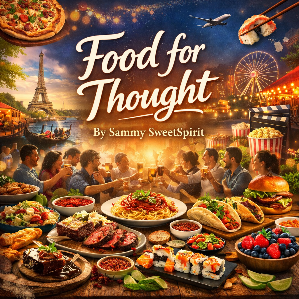 A group of people share a meal and raise drinks at a long table, surrounded by many foods, with scenes of travel, cities, and lights in the background.