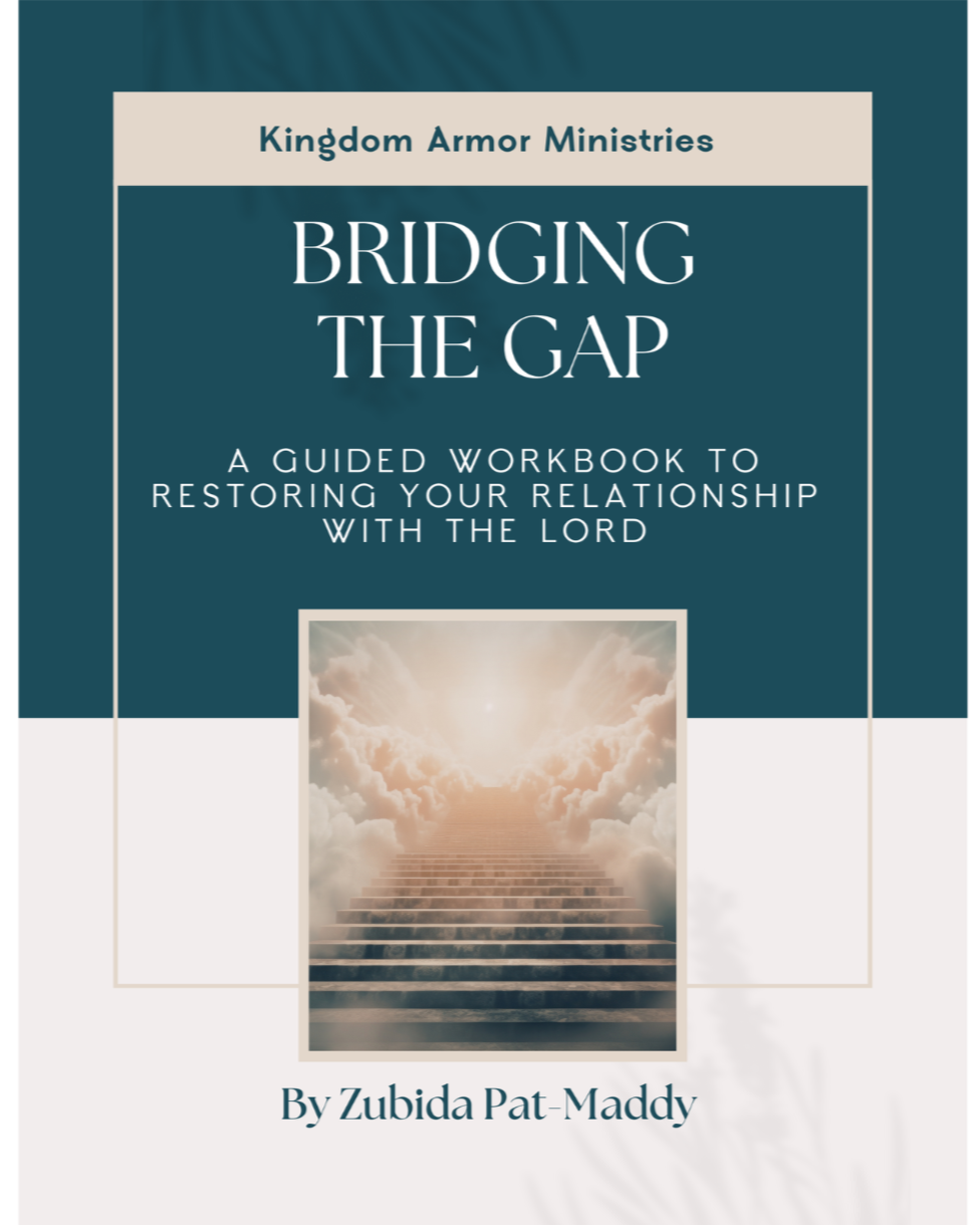 Book cover titled 'Bridging the Gap: A Guided Workbook to Restoring Your Relationship with the Lord' by Zubida Pat-Maddy, with an image of stairs ascending through clouds toward the sunlight.