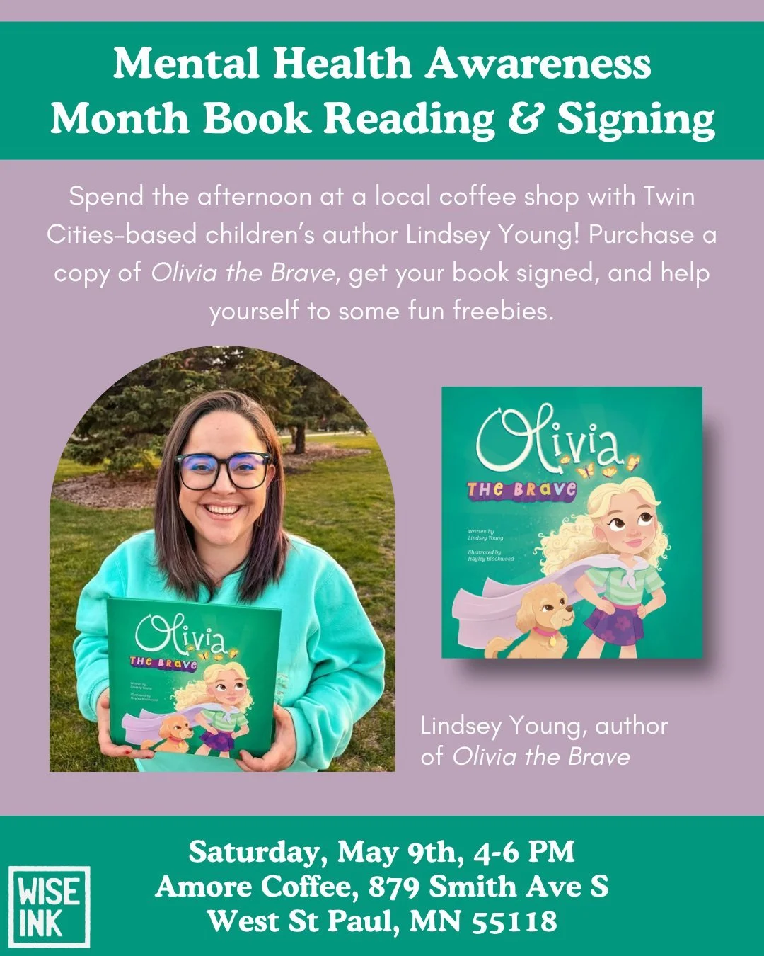 This Saturday, come and meet local children&rsquo;s author @lindseyyoungkidlit at @amorecoffeewsp in St. Paul! 

💜 Copies of &ldquo;Olivia the Brave&rdquo; will be available for purchase
💜 Chat with Lindsey and get your book signed
💜 Enjoy some fu