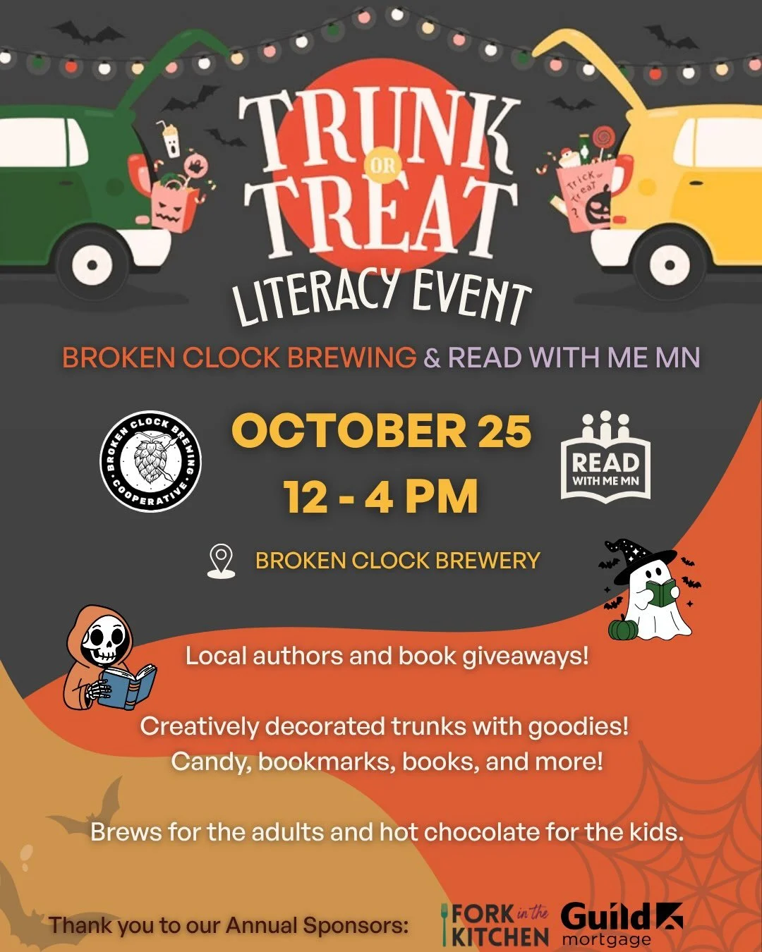Join us and @READwithMeMN for a Trunk or Treat Literacy Event with @brokenclockbrew on Sunday, October 25 from 12&ndash;4 PM! 📚🎃👻🐈&zwj;⬛

There will be lots of decorated trunks, treats, local authors, and a giveaway of 35 FREE books! 📖 Come and 