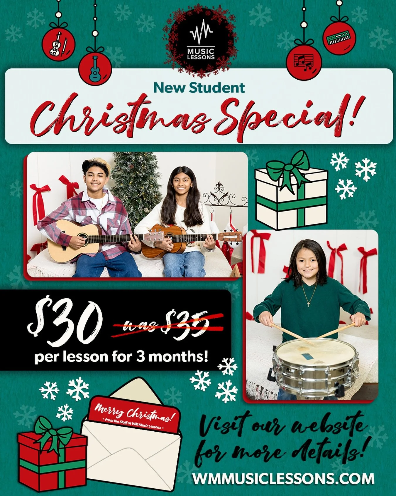 Parents.
&zwnj;
Looking for a fun gift idea this year?! 🎁
&zwnj;
The &ldquo;WM New Student Christmas Special&rdquo; is a great way for your children or a loved one to begin their music learning journey! 🎸🎹🎤
&zwnj;
Here&rsquo;s are the details:
&b