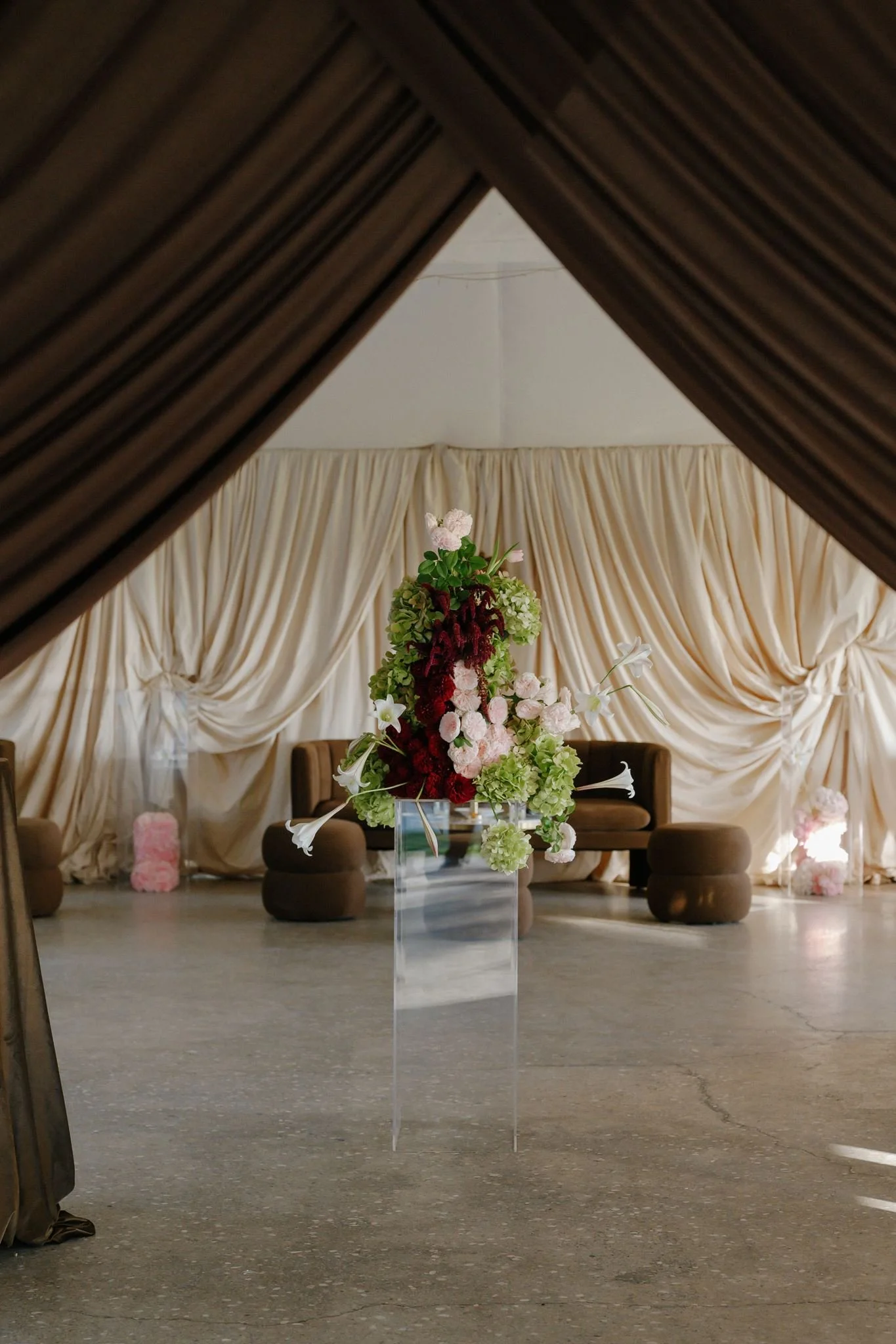 Wedding reception floral installation with claire roses, trumpet lilies, green hydrangea, celosia and amaranthus at Wallalong House, Hunter Valley NSW