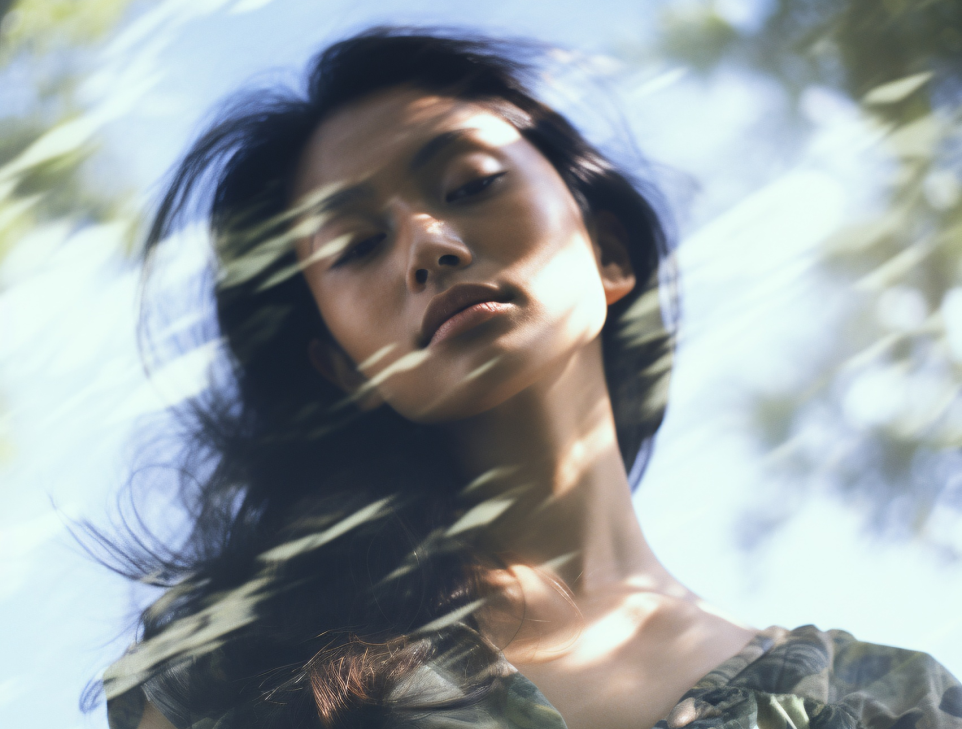 A woman with dark hair looking down, with sunlight filtering through leaves and casting shadows on her face and neck.