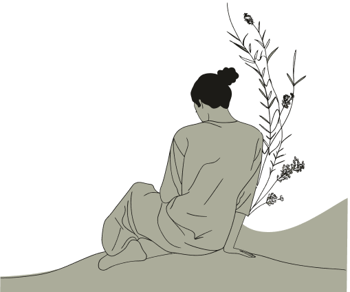 A woman sitting on a hill with her back to the viewer, with floral illustrations behind her, against a black background.