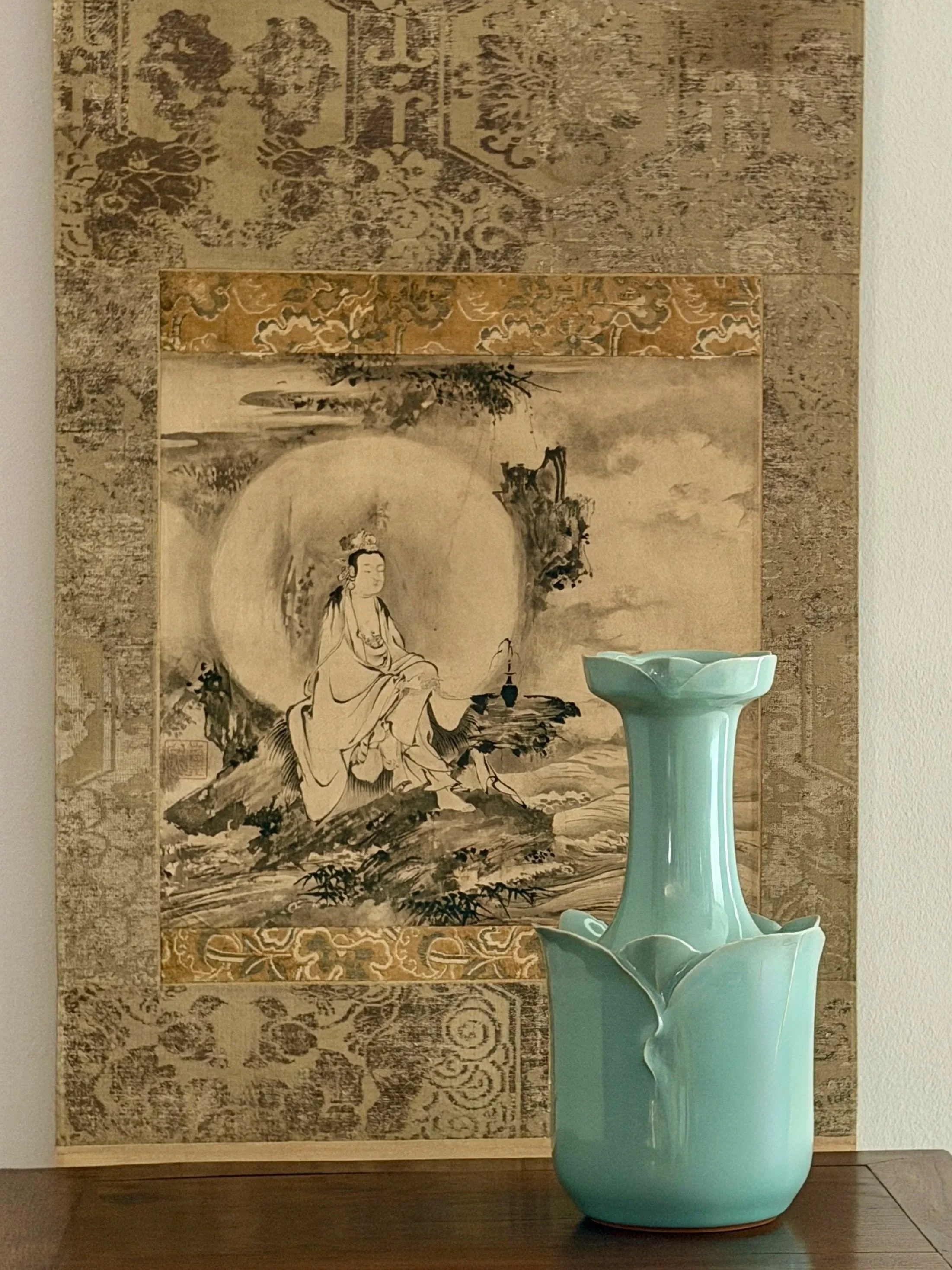 Lotus Moon scroll/ Modern ceramic lotus vase
