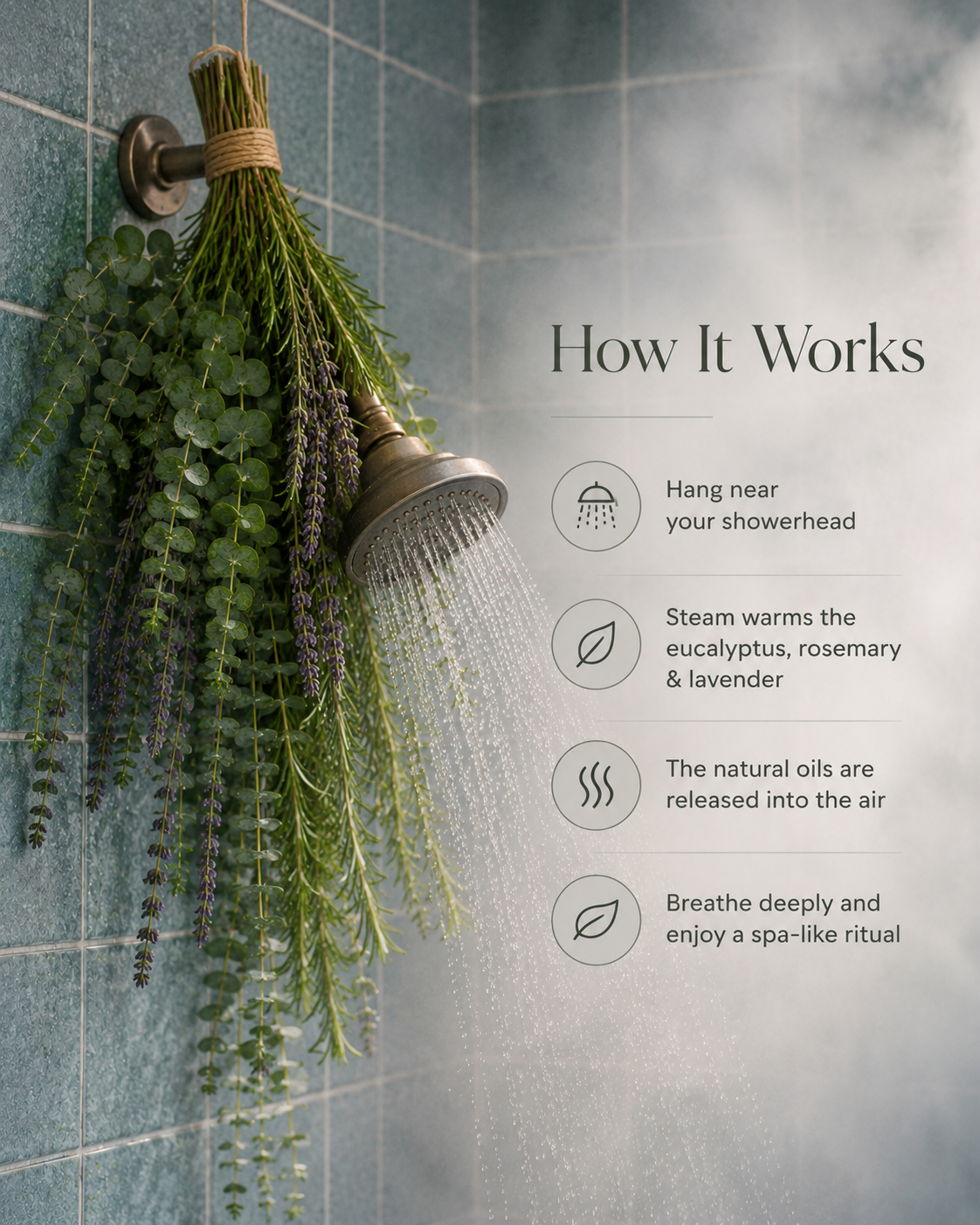 Fresh eucalyptus, rosemary, and lavender shower bouquet hanging near a running showerhead in blue tile shower