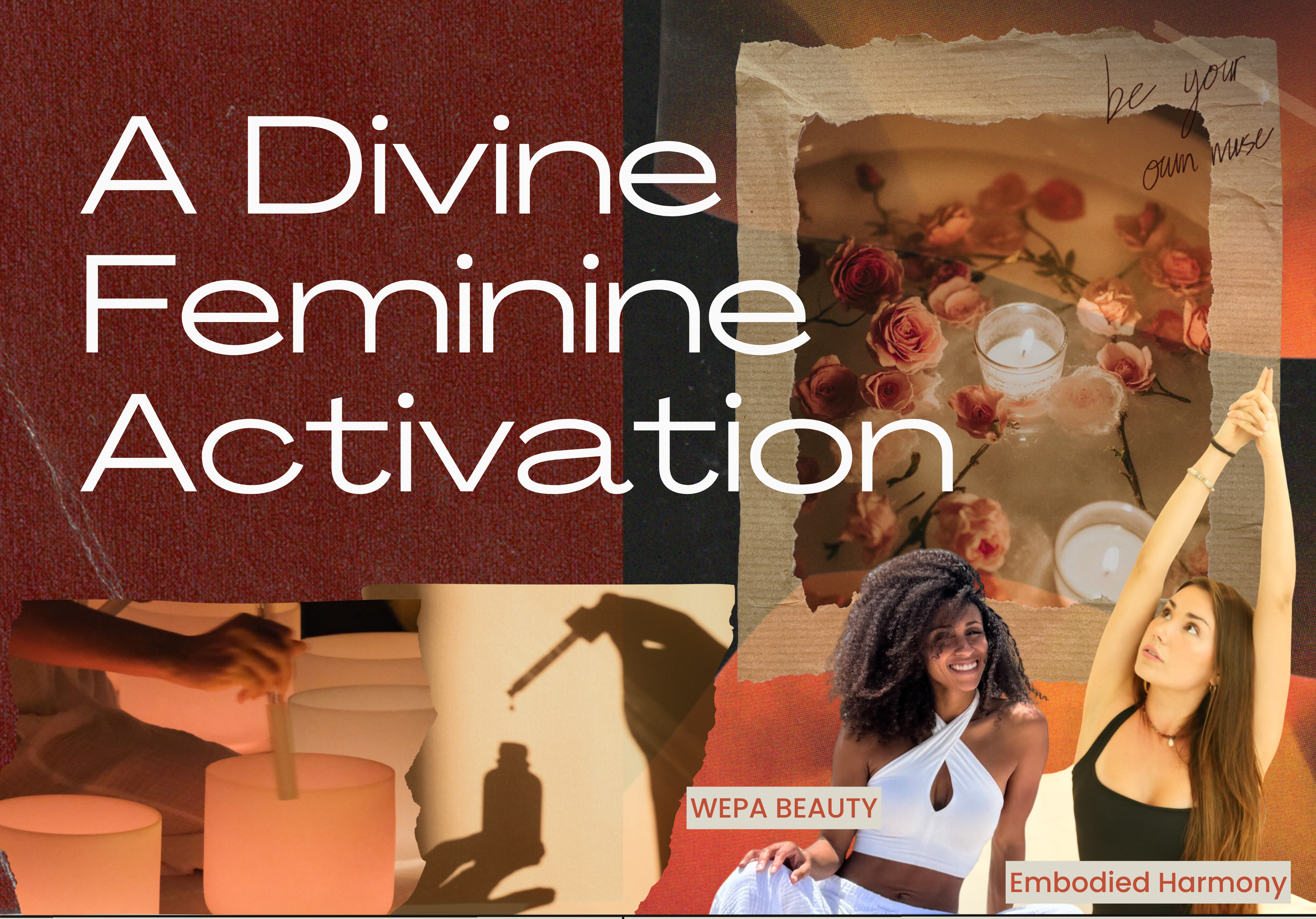 Event announcement graphic for Divine Feminine Activation featuring a warm red and amber collage with candles, roses, movement imagery, and event details for June 5th at Reserve Wellness Studio on Abbot Kinney.