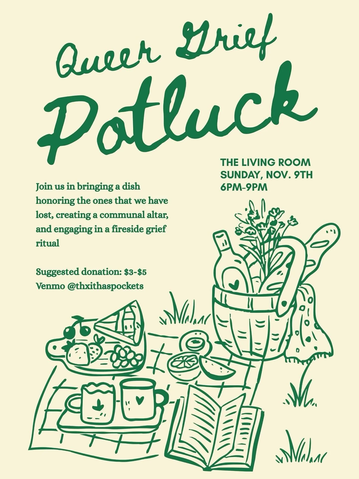Join Queer Death Club &amp; friends at The Living Room on Sunday, November 9th (6pm-9pm) for an autumnal celebration of the many ways our ancestors and loved ones continue to feed and nourish us long after death. 🍂

Bring a dish inspired by a signat