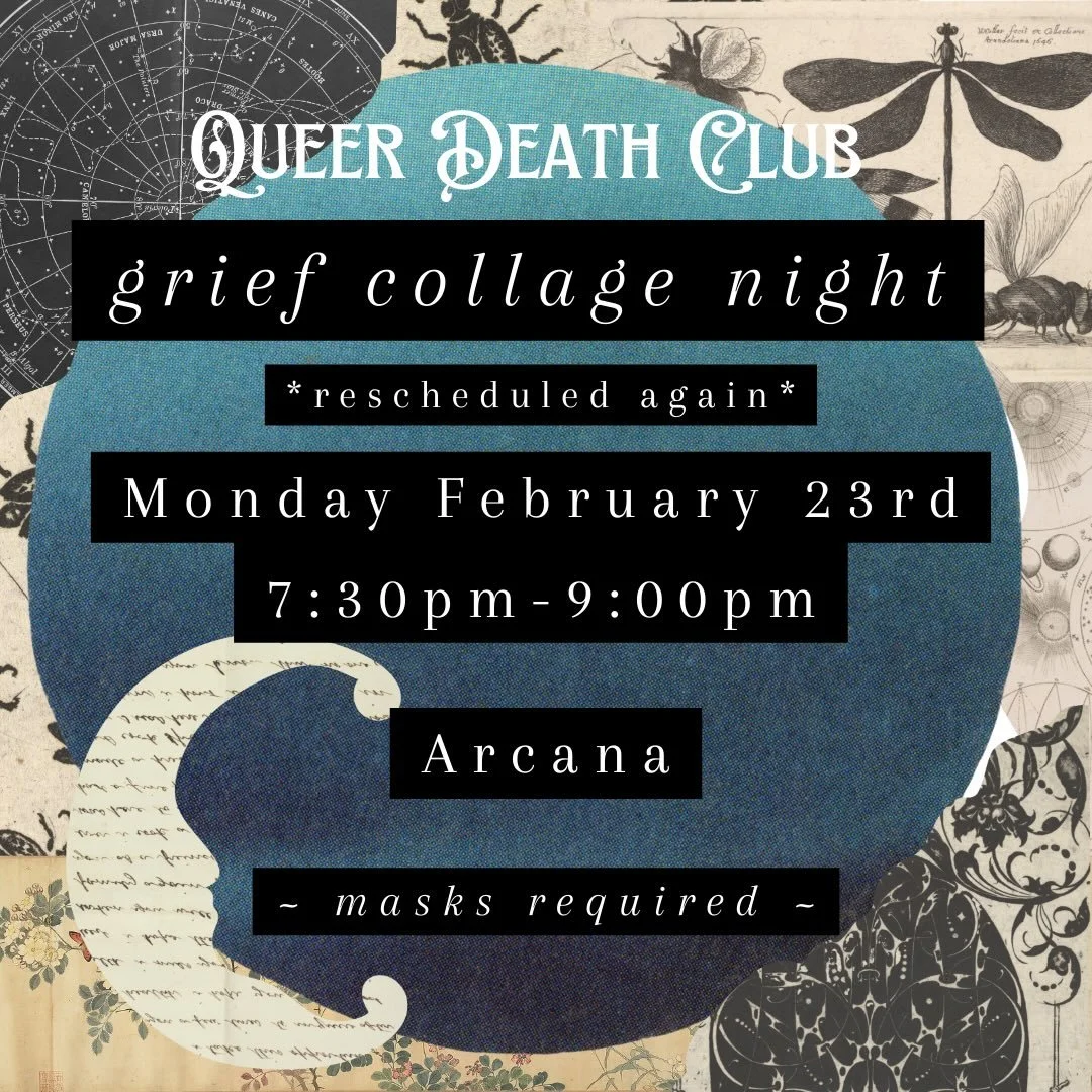 third time&rsquo;s the charm&hellip;join us for a round of @morbidcuriositygame and grief collaging!🖤 

suggestions of what to bring: a picture of a loved one, a copy of a letter or handwritten note, magazines, scrap papers, other art supplies (we w
