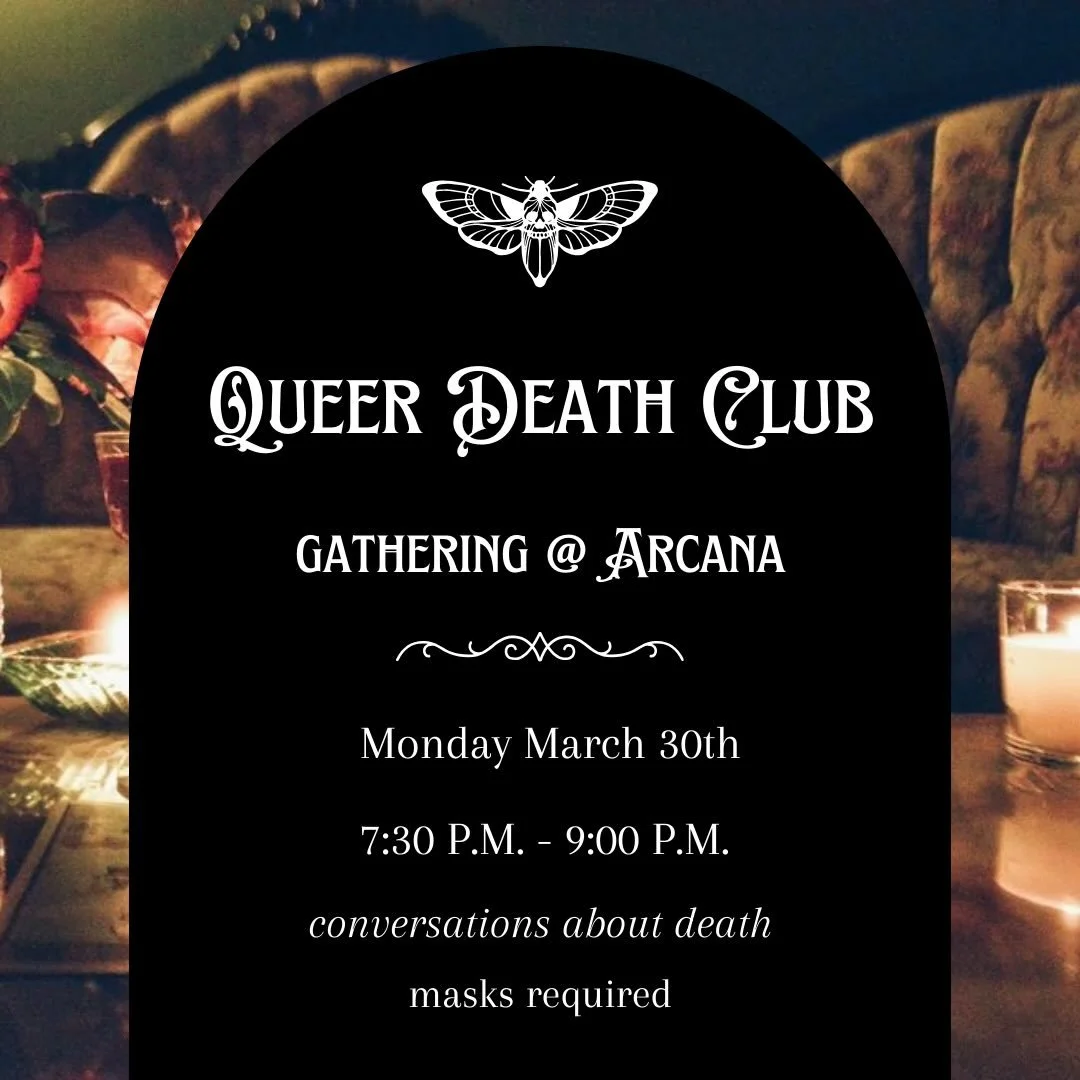 join us for a round of @morbidcuriositygame and conversations about death and grief🖤

date: Monday March 30th

time: 7:30pm - 9:00pm 

place: @arcanadurham ; 331 W Main St. Durham, NC 27701 
 
✨masks required✨

orienting to the space: 
&bull; Arcana
