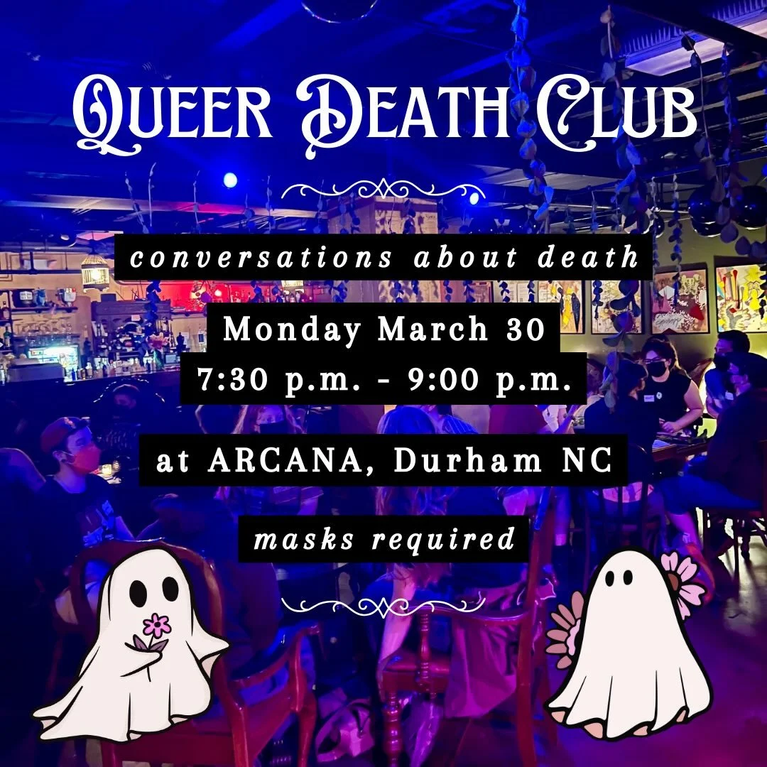 Monday night! join us for @morbidcuriositygame and conversations about death and grief🖤

date: Monday March 30th

time: 7:30pm - 9:00pm 

place: @arcanadurham ; 331 W Main St. Durham, NC 27701 
 
✨masks required✨

orienting to the space: 
&bull; Arc