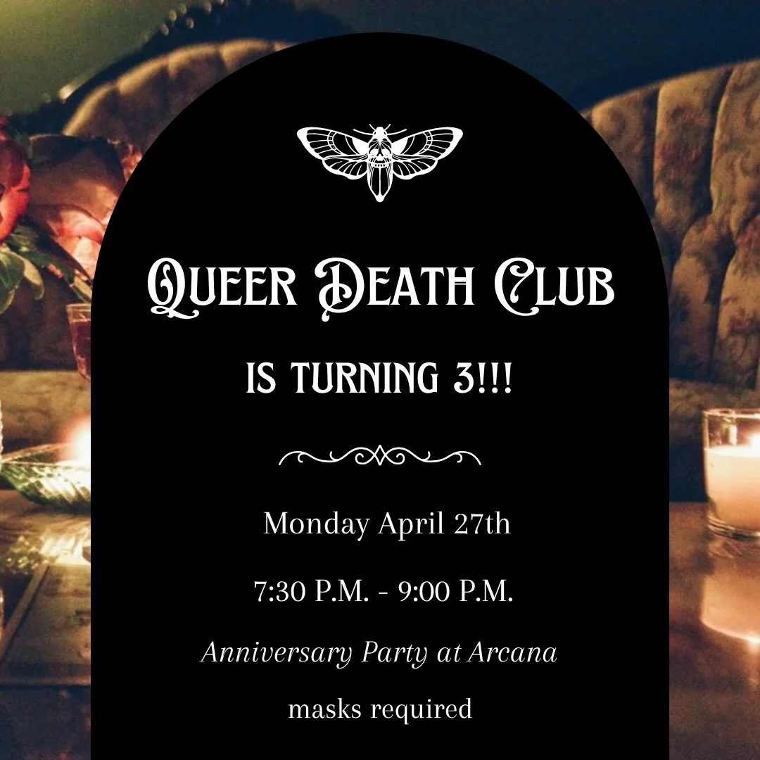 Monday night! QDC is turning 3!!!! we&rsquo;ll be playing obituary mad libs to celebrate!!🎉🪦🖤👻

date: Monday April 27th

time: 7:30pm - 9:00pm 

place: @arcanadurham ; 331 W Main St. Durham, NC 27701 
 
✨masks required✨

orienting to the space: 
